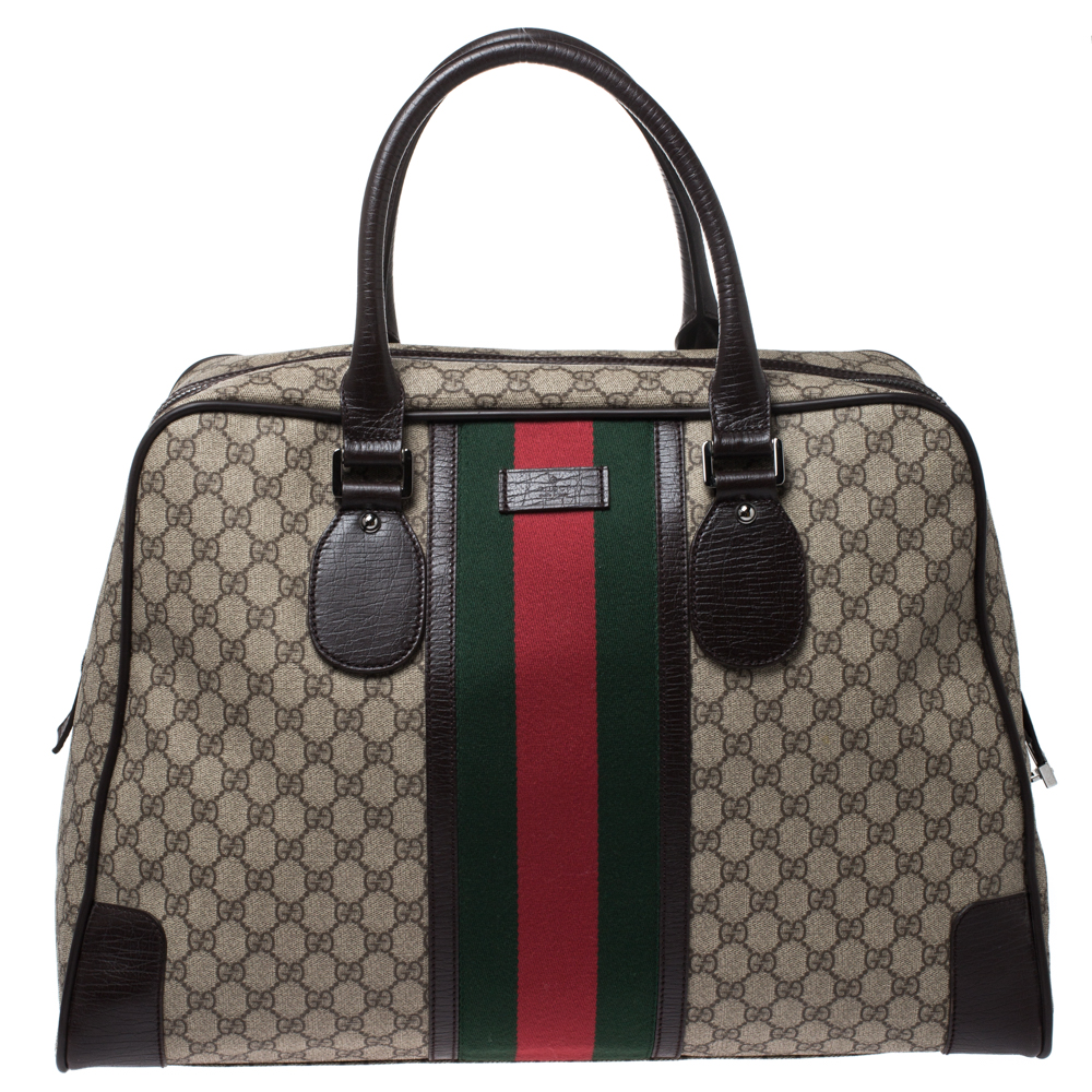 Gucci Brown GG Supreme Canvas Web Weekender Bag