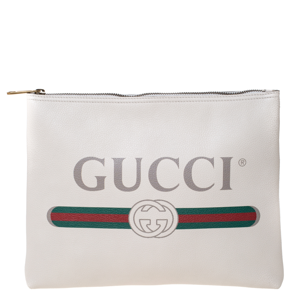 Gucci White Leather Logo Print Zip 