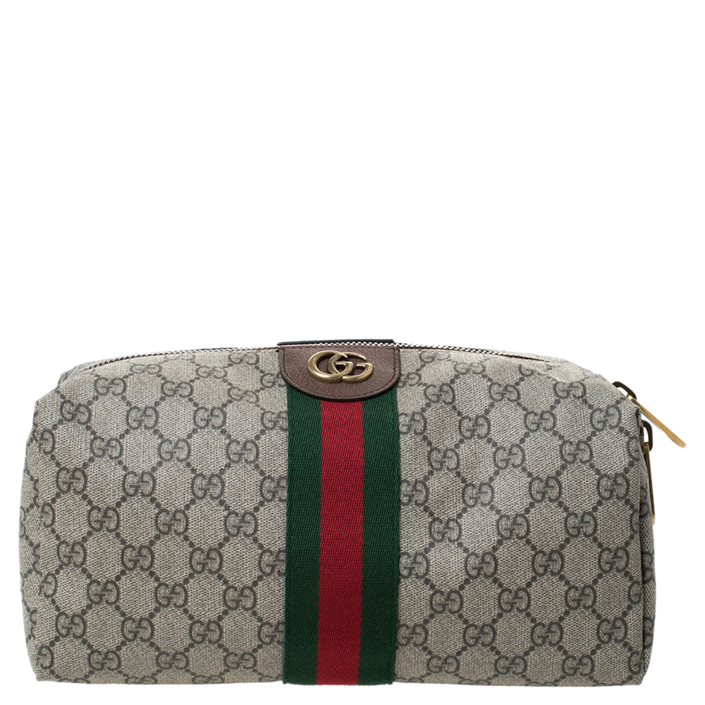 Gucci Beige GG Supreme Canvas Ophidia Web Toiletry Pouch
