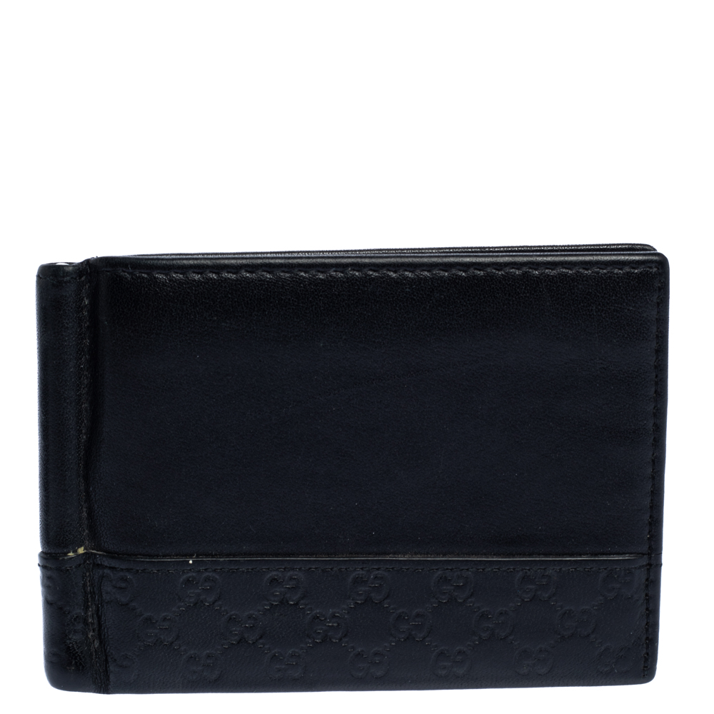 Gucci Black Microguccissima Leather Money Clip Bi-Fold Wallet