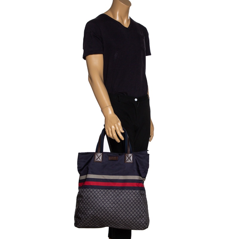 

Gucci Dark Blue Web Diamante Print Nylon Tall Zip Tote