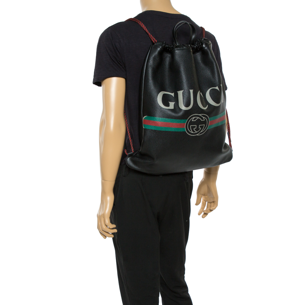 

Gucci Black Soft Grain Leather Logo Drawstring Backpack