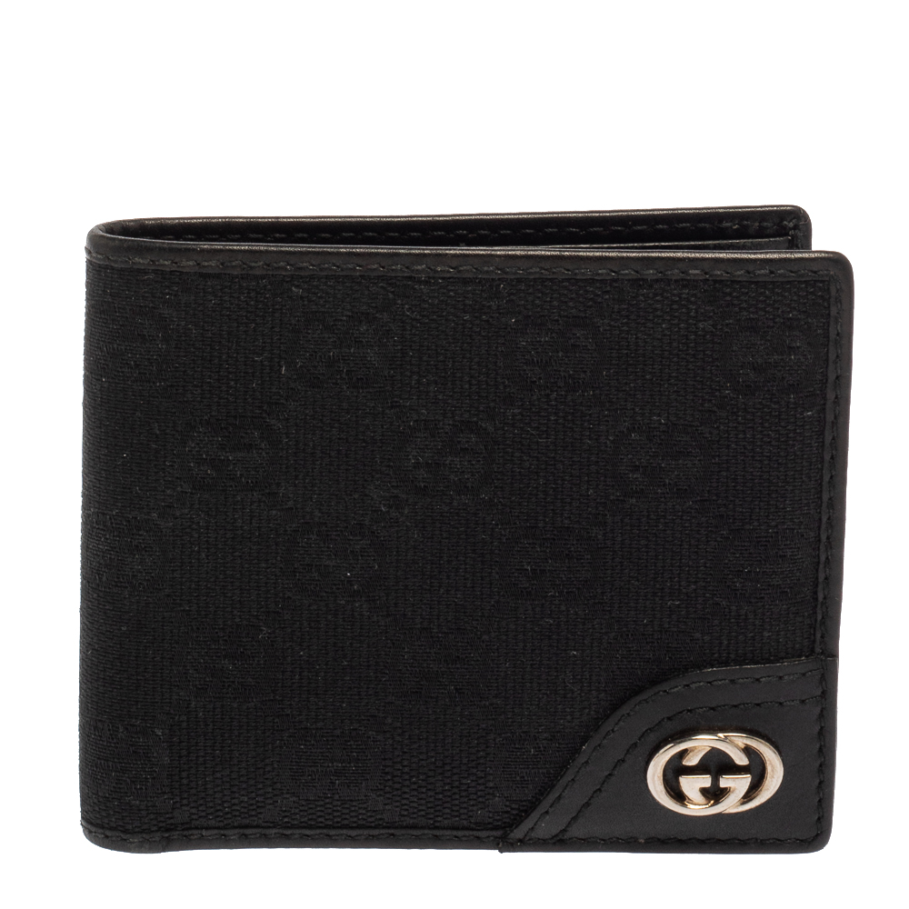 Pre-owned Gucci Black Gg Canvas And Leather Gg Interlocking Bifold Wallet