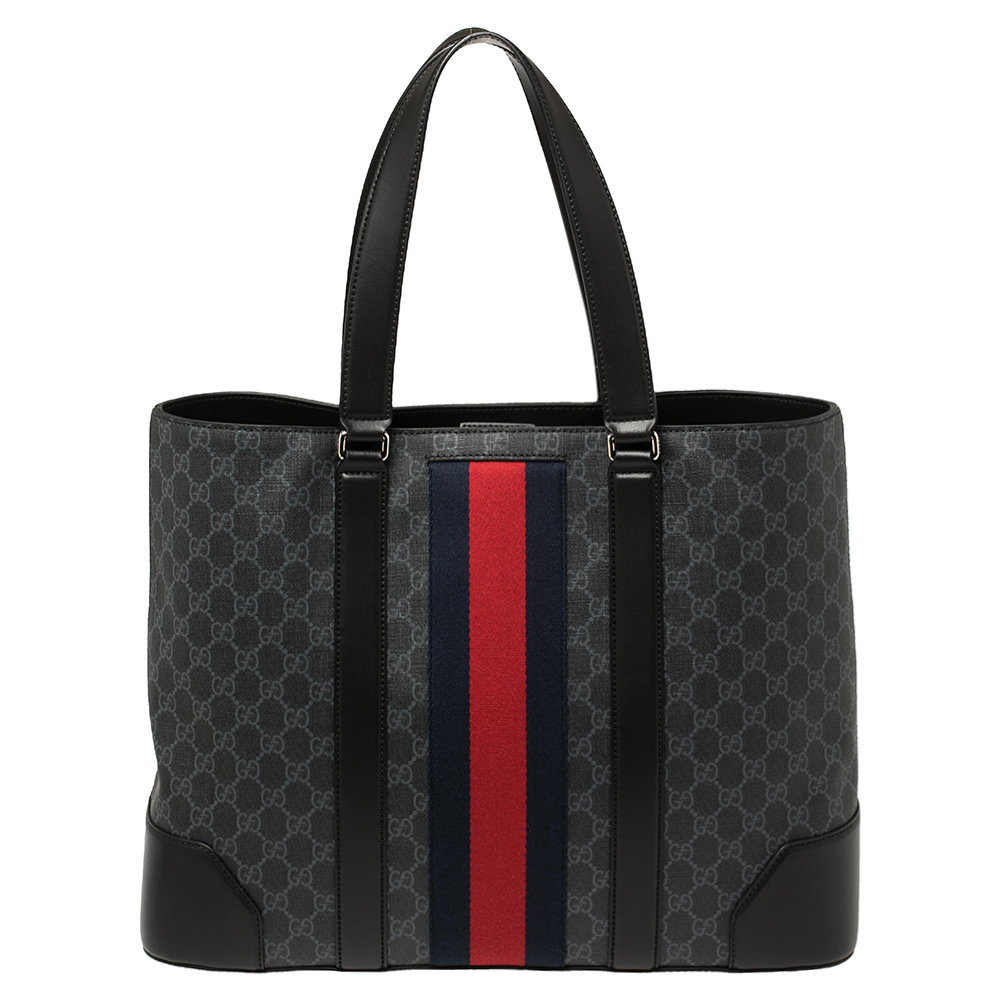 Pre-owned Gucci Black/grey Gg Supreme Canvas And Leather Web Tote