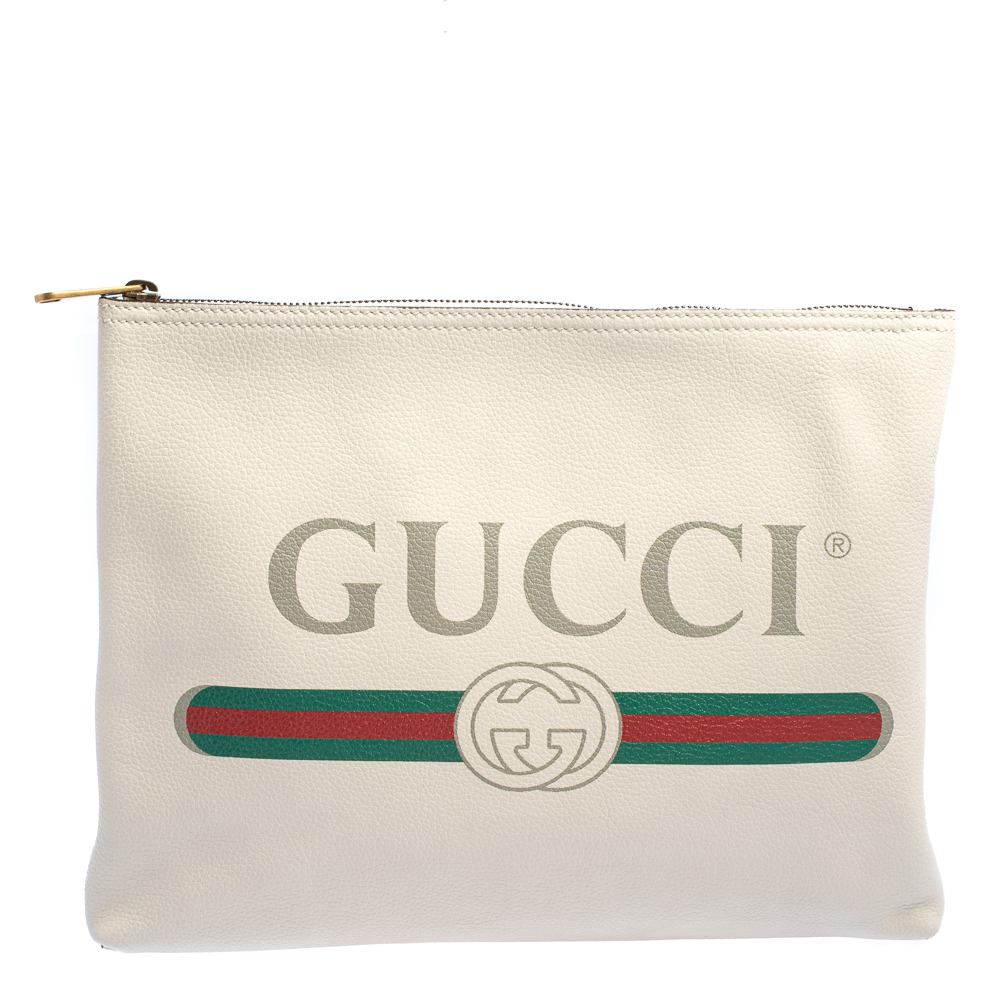 Pre-owned Gucci White Leather Logo Print Zip Pouch