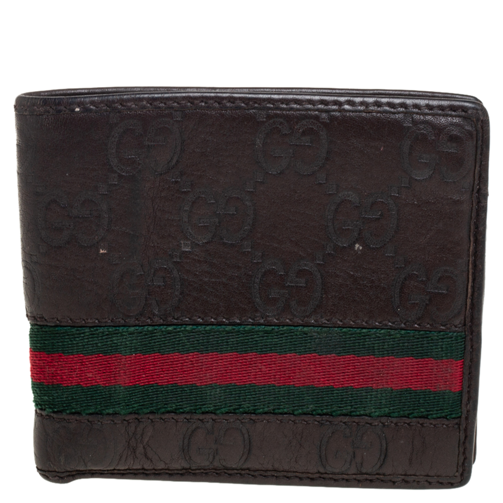 Click to view more detailed imagery on our partner's website Pre-owned Gucci Ssima Leather Web Bifold Wallet In Brown