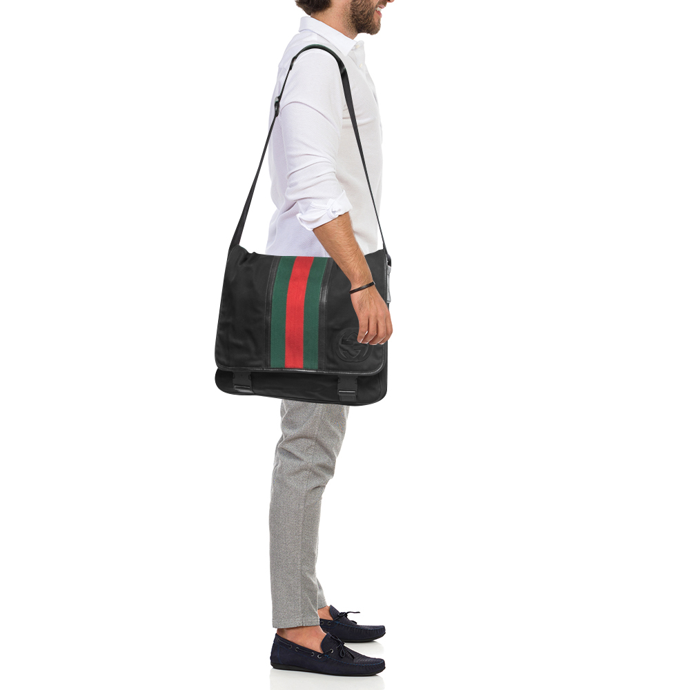 

Gucci Black Nylon and Leather Web Double Lock Messenger Bag