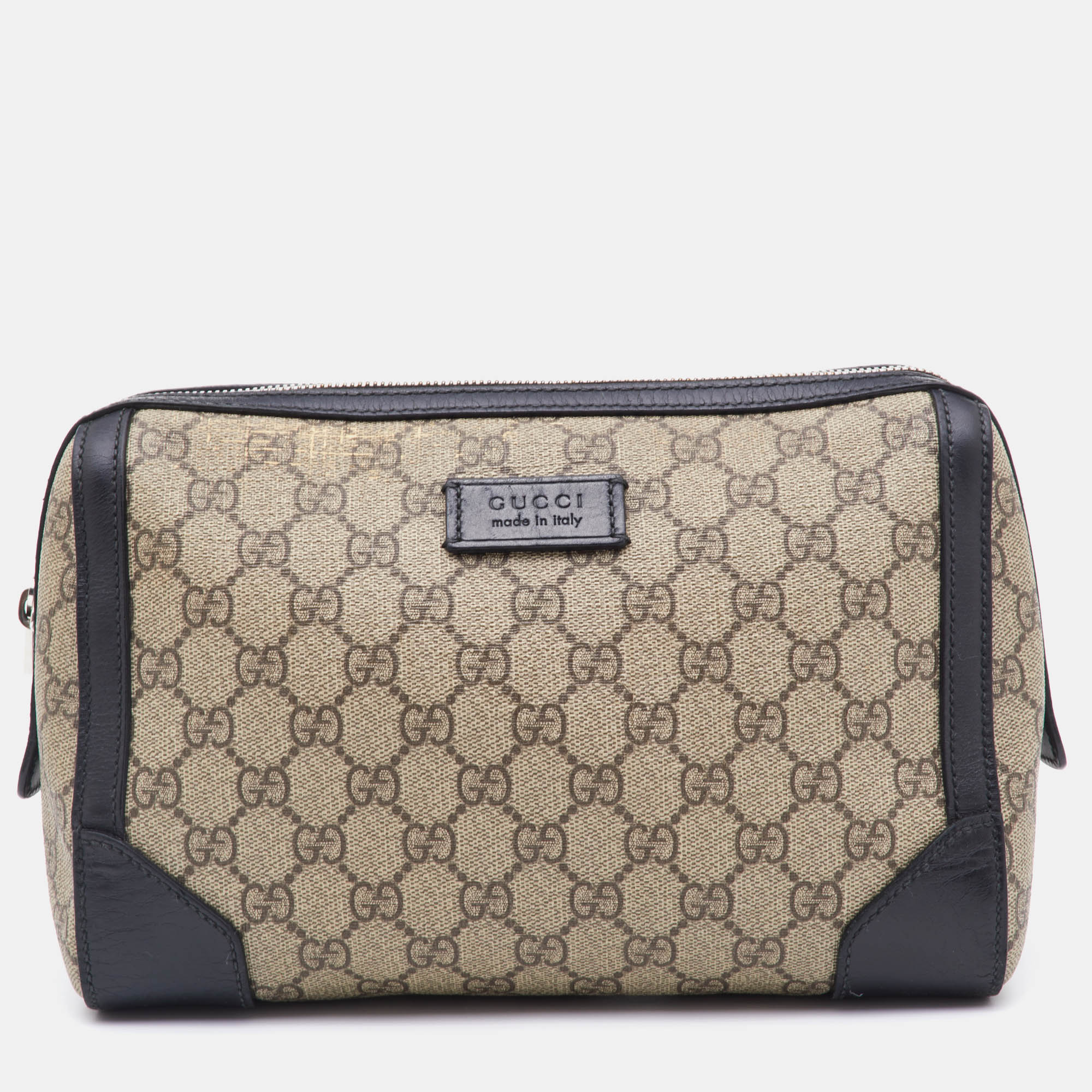 Pre-owned Gucci Beige/black Gg Supreme Canvas And Leather Zip Pouch