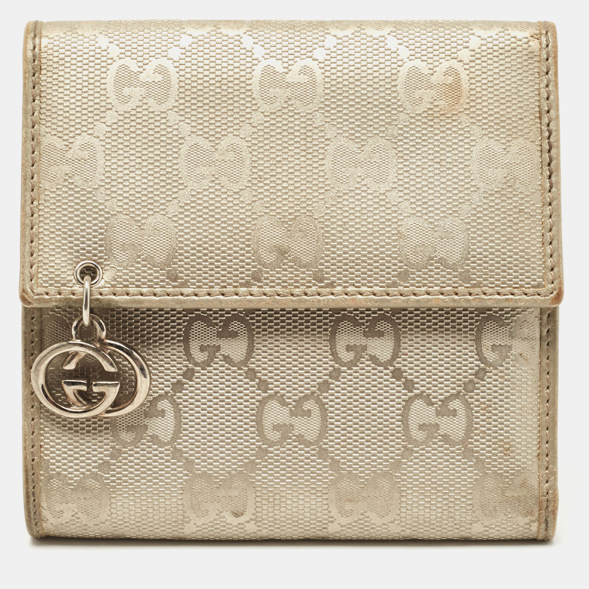 

Gucci Silver GG Imprime Canvas and Leather GG Charm Trifold Wallet