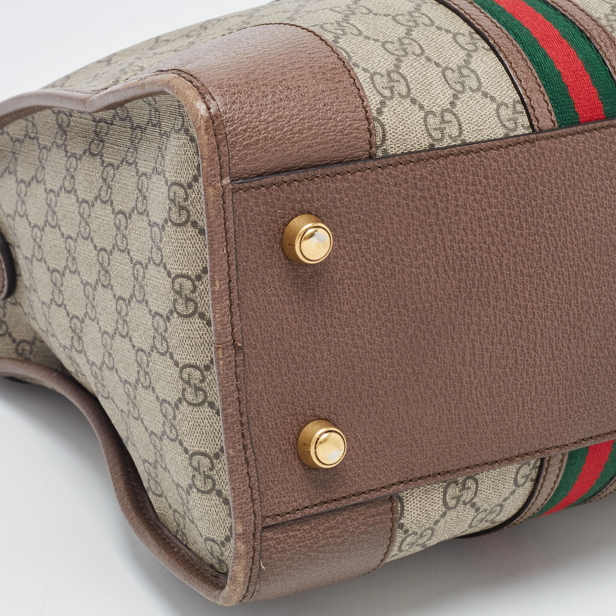 Gucci Large GG Logo Beige Canvas Brown Leather Strap Duffle Bag 610105 –  Queen Bee of Beverly Hills