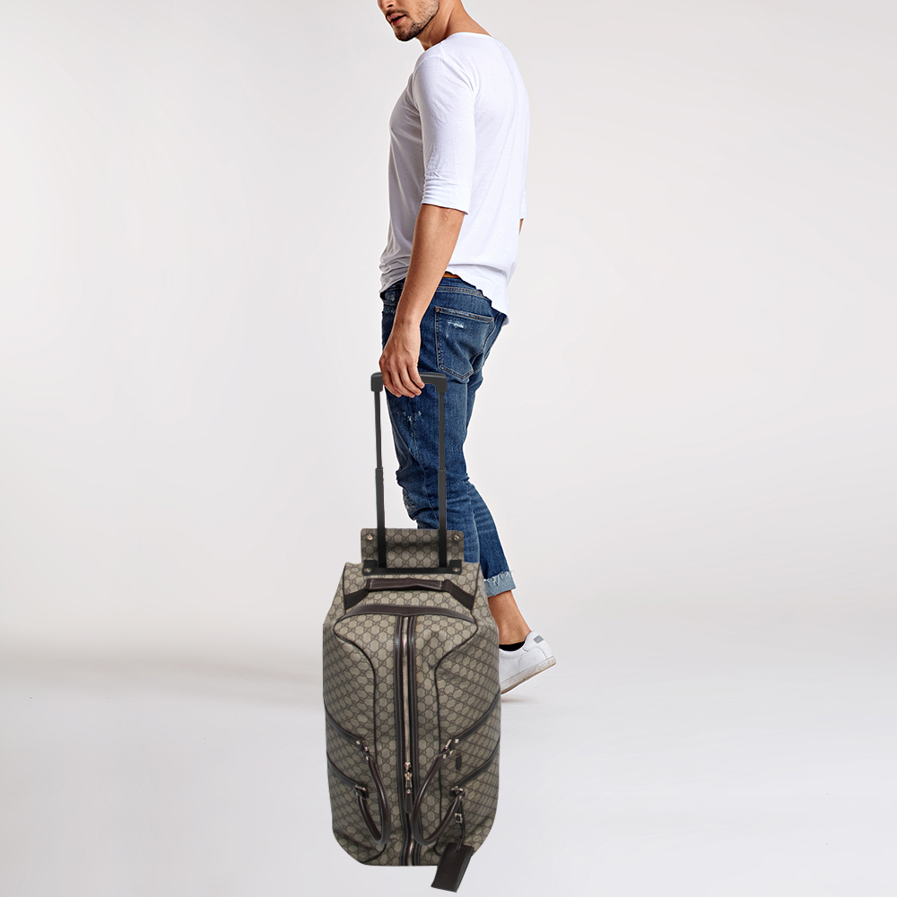 

Gucci Dark Brown/Beige GG Supreme Canvas 2 Wheel Duffle Luggage Bag