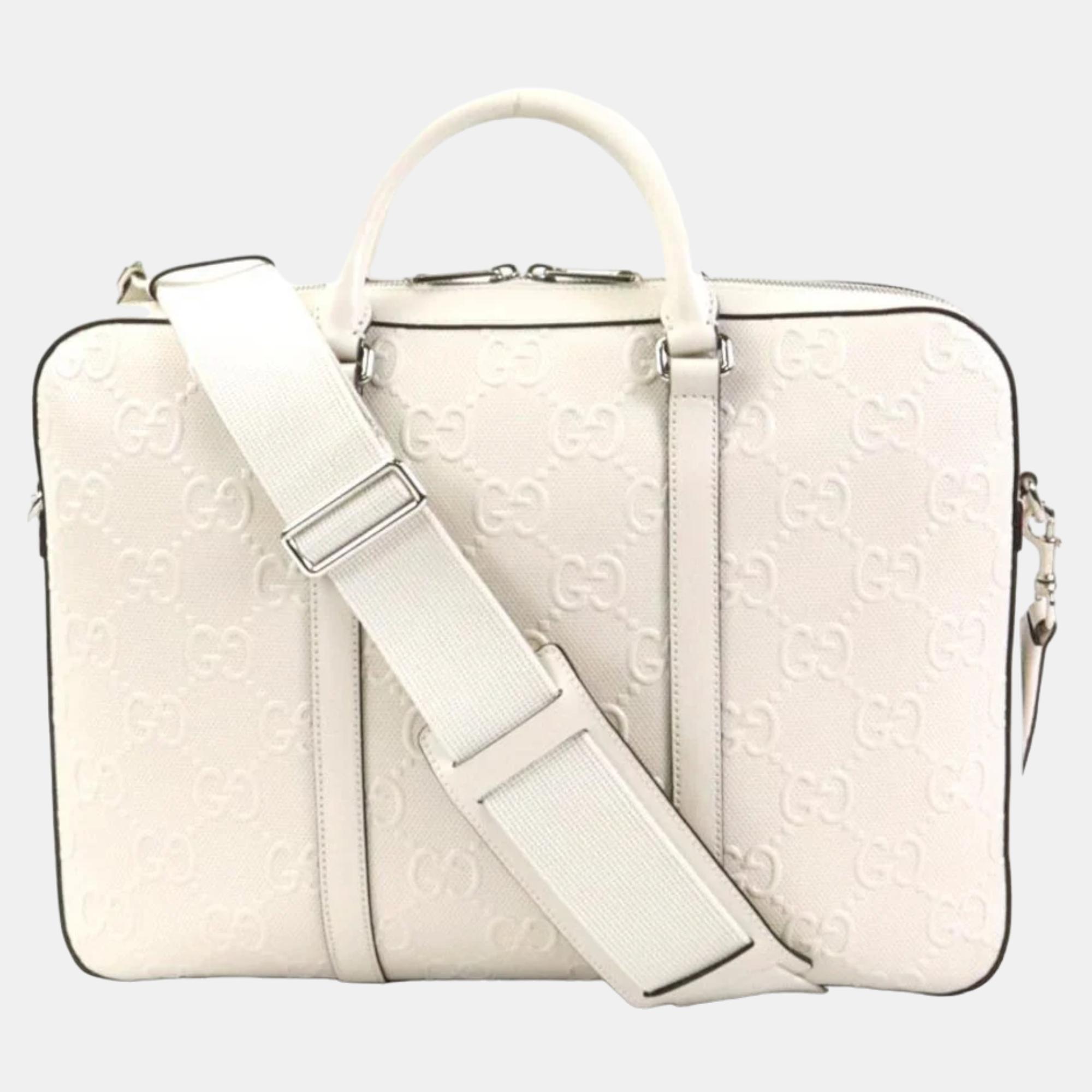 Pre-owned Gucci White Gg Embossed Leather Duffle Bag