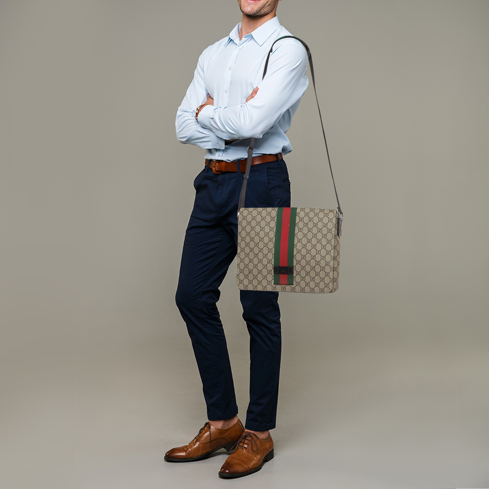 

Gucci Beige GG Supreme Canvas Web Flap Messenger Bag