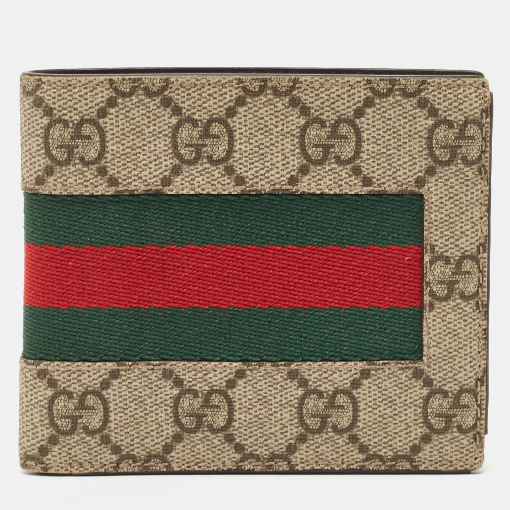 Pre-owned Gucci Beige Gg Supreme Canvas Web Bifold Compact Wallet