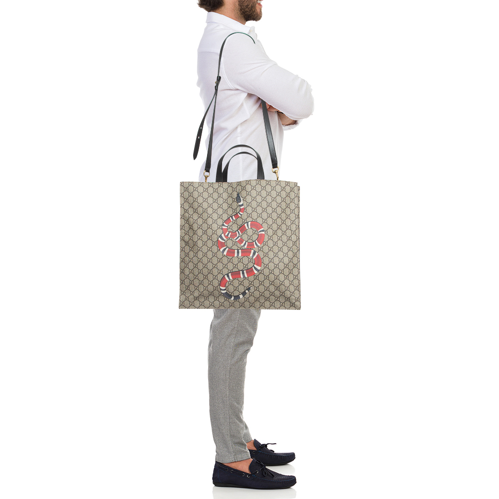 

Gucci Beige GG Supreme Canvas Snake Print Vertical Tote