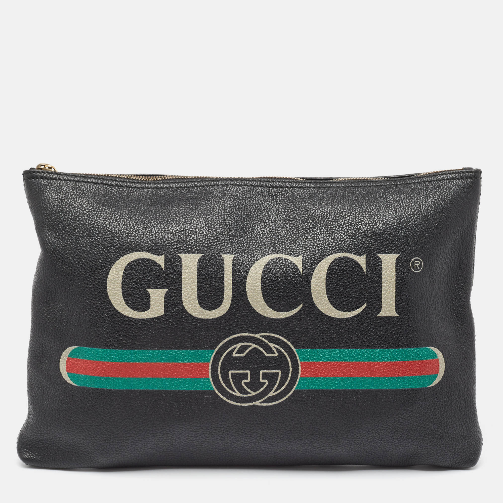 Pre-owned Gucci Black Logo Web Zip Pouch