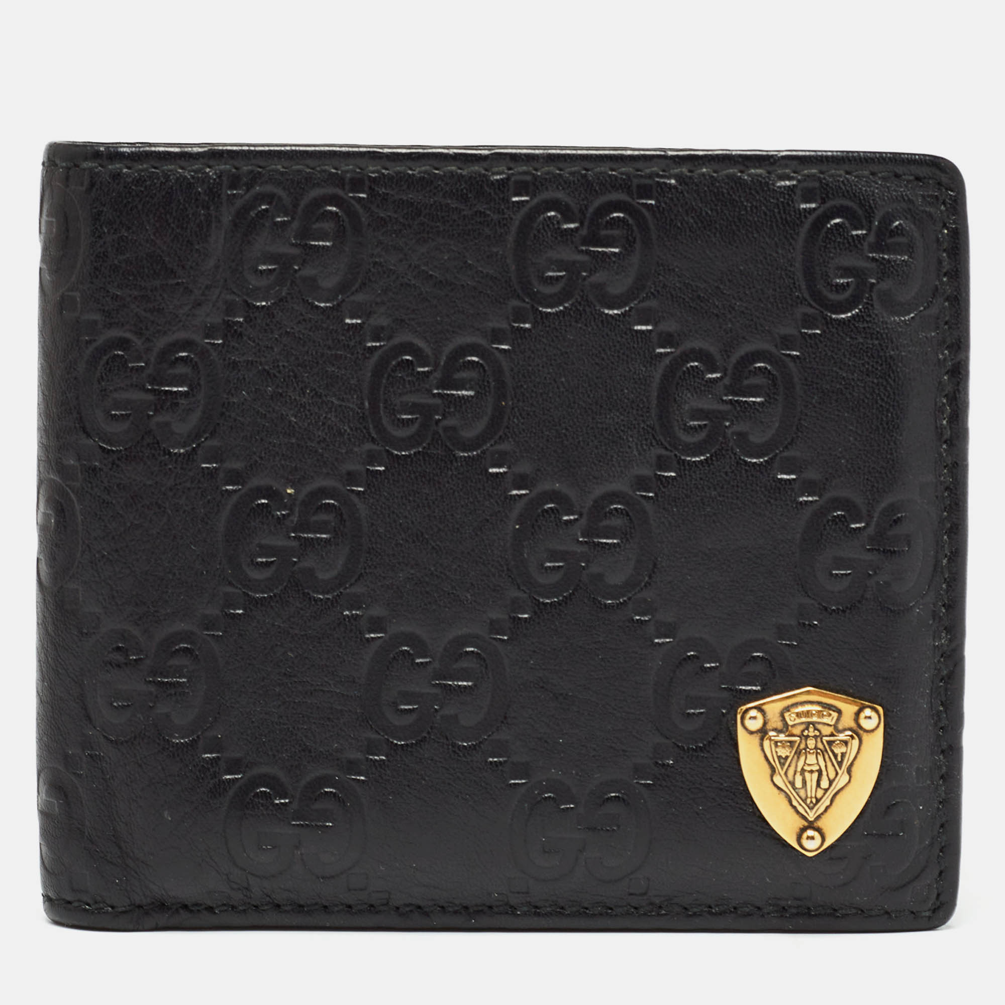 Pre-owned Gucci Ssima Leather Crest Bifold Wallet In Black