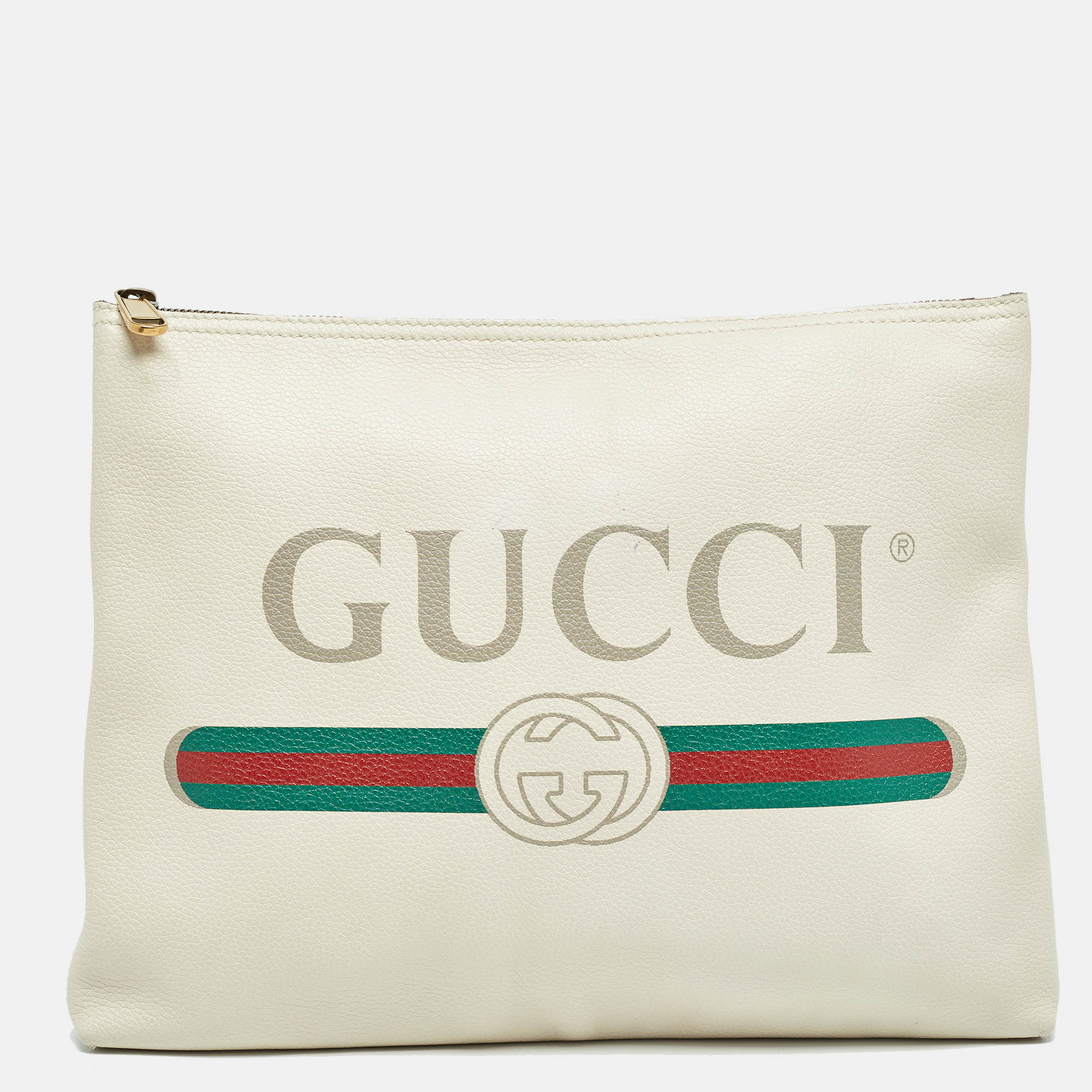 Pre-owned Gucci Off White Leather Logo Print Zip Pouch