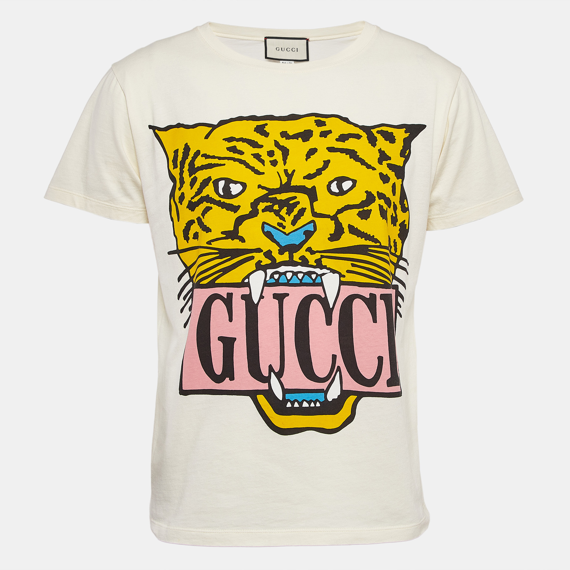

Gucci Cream Tiger Printed Jersey Crewneck T-Shirt S