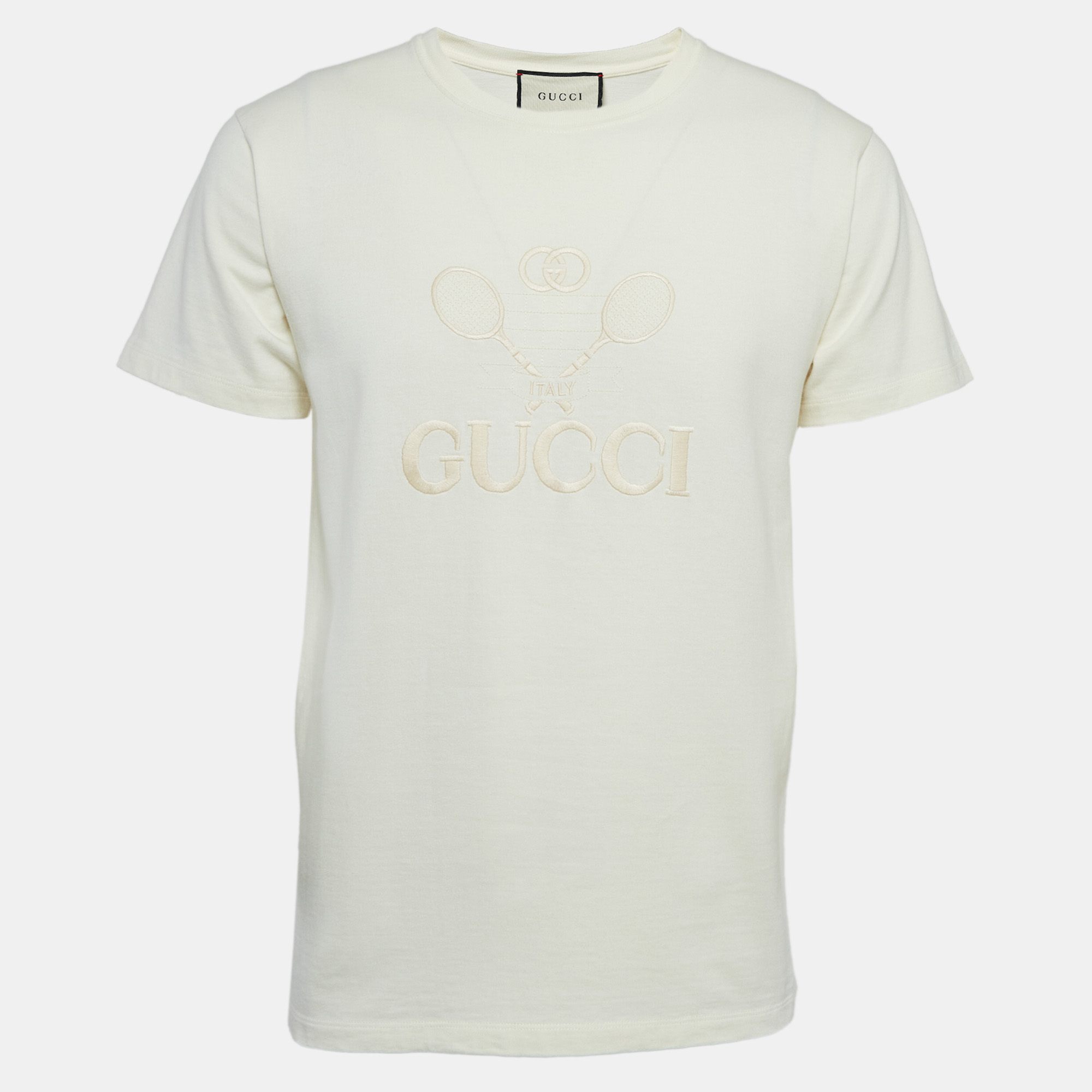 Pre-owned Gucci Cream Tennis Logo Embroidered Cotton Oversized T-shirt Xs