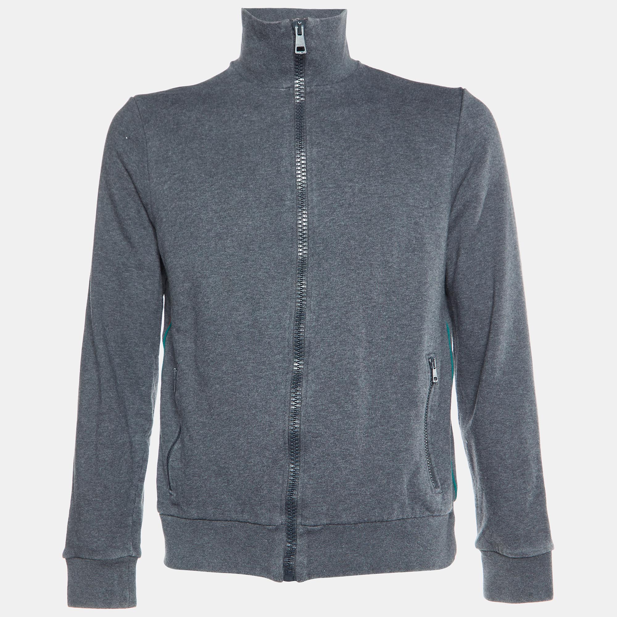 

Gucci Grey Cotton Knit Zip-Up Contrast Trimmed Jacket L