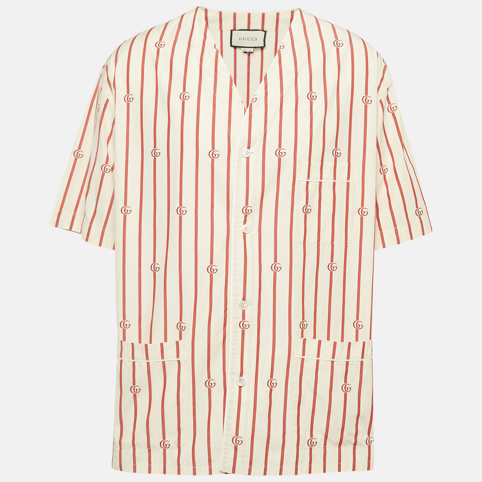 Pre-owned Gucci Cream Gg Striped Cotton Bowling Shirt Xxl