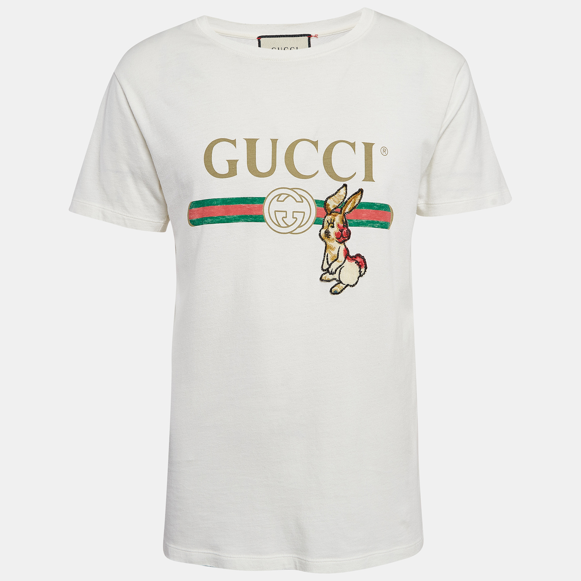 

Gucci Off-White Logo Print Cotton Knit Rabbit Patch Detail T-Shirt XS