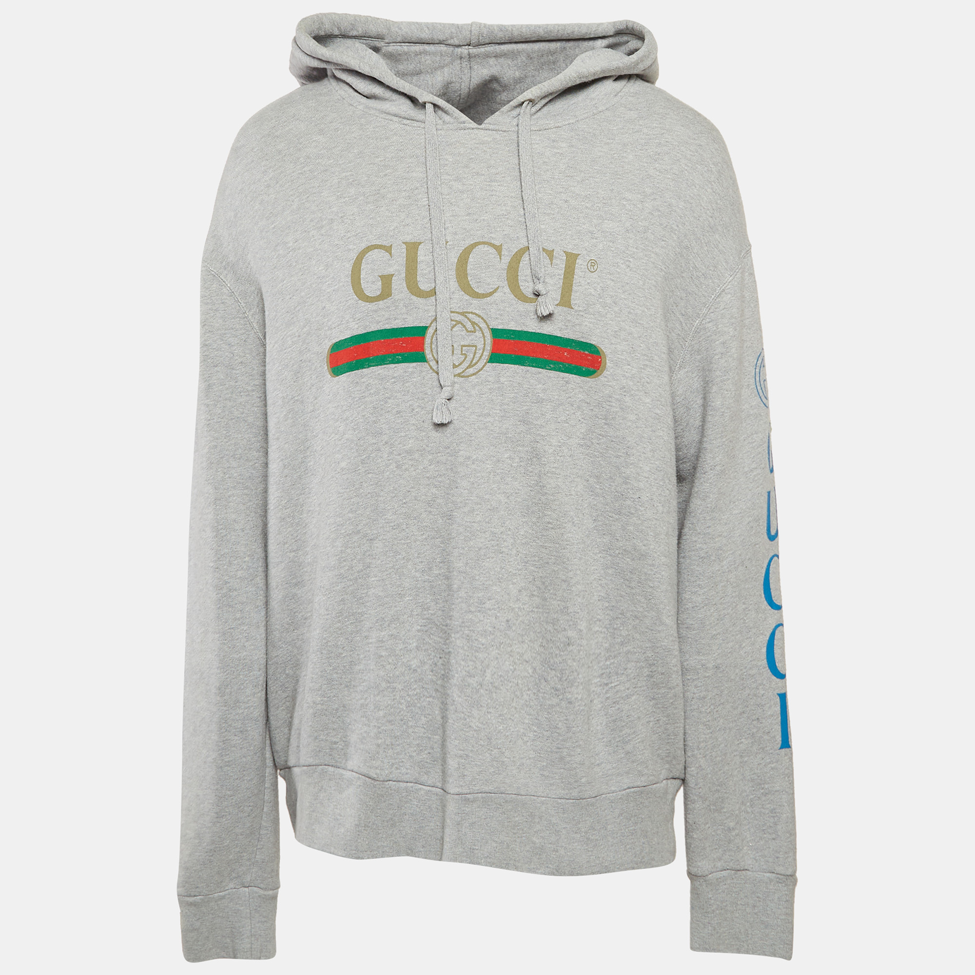 

Gucci Grey Logo Print Dragon Embroidered Cotton Hoodie XL