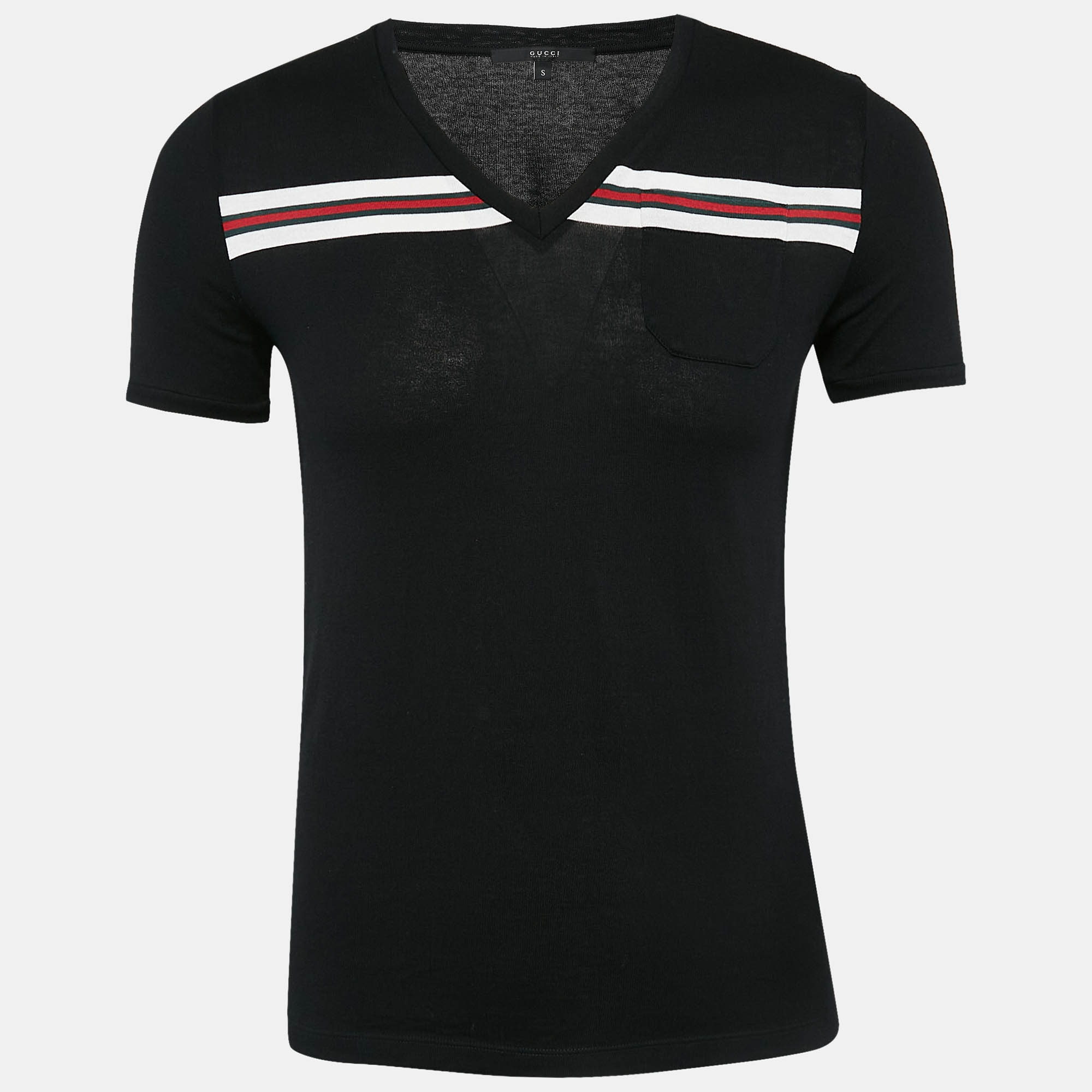 

Gucci Black Web Cotton Knit V-Neck T-Shirt S