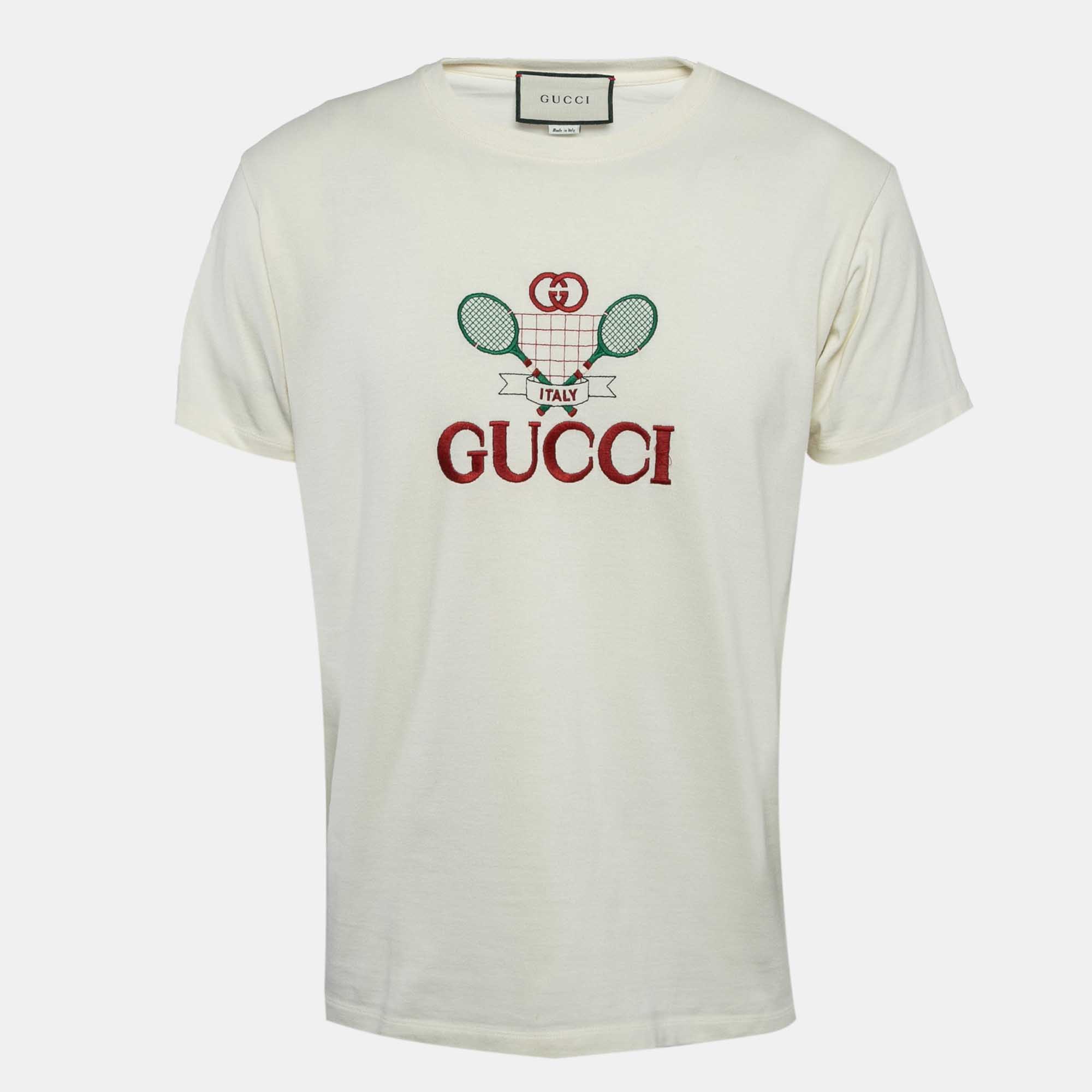 

Gucci Cream Tennis Embroidered Jersey T-Shirts S