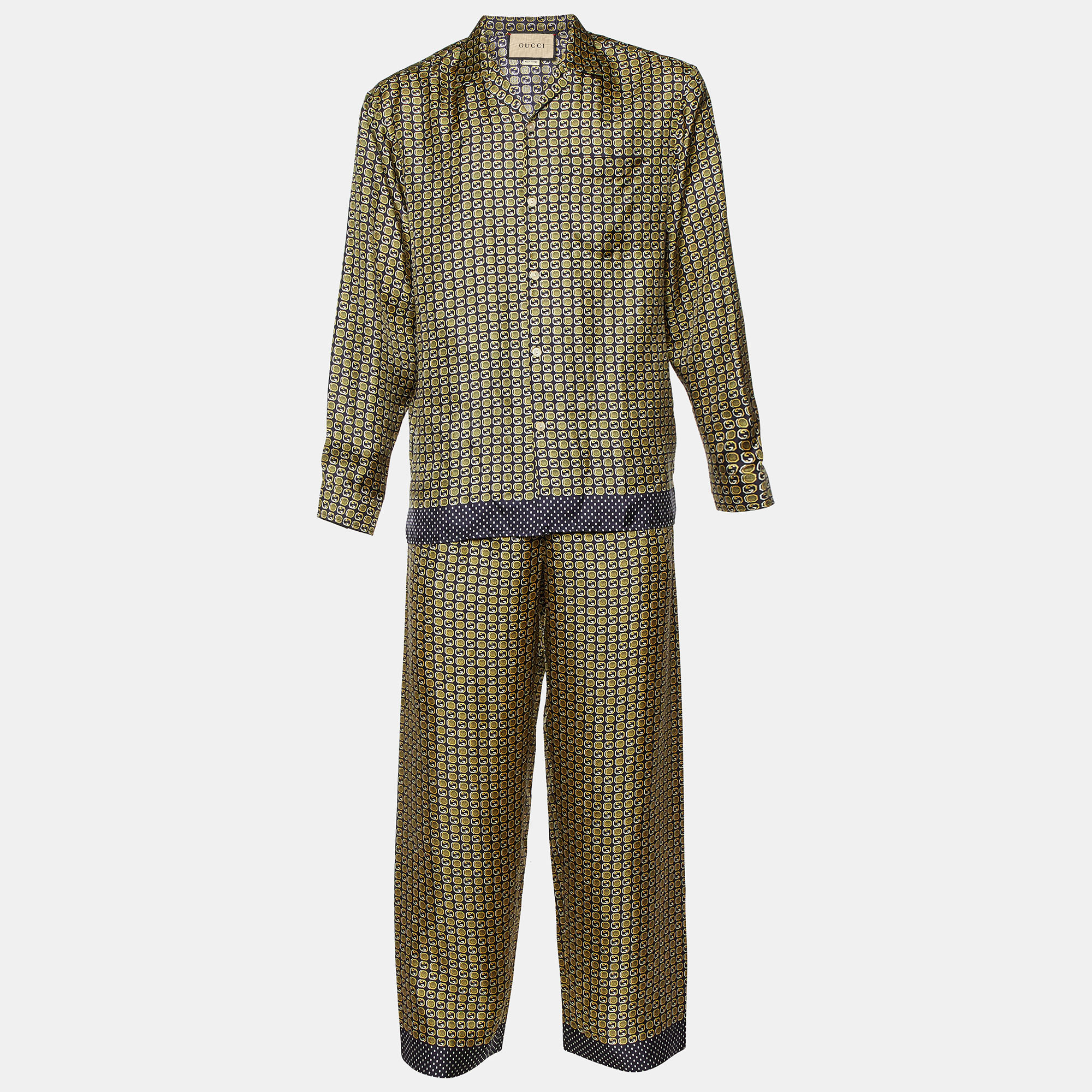 

Gucci Yellow/Blue Logo Print Silk Shirt and Pant Set M