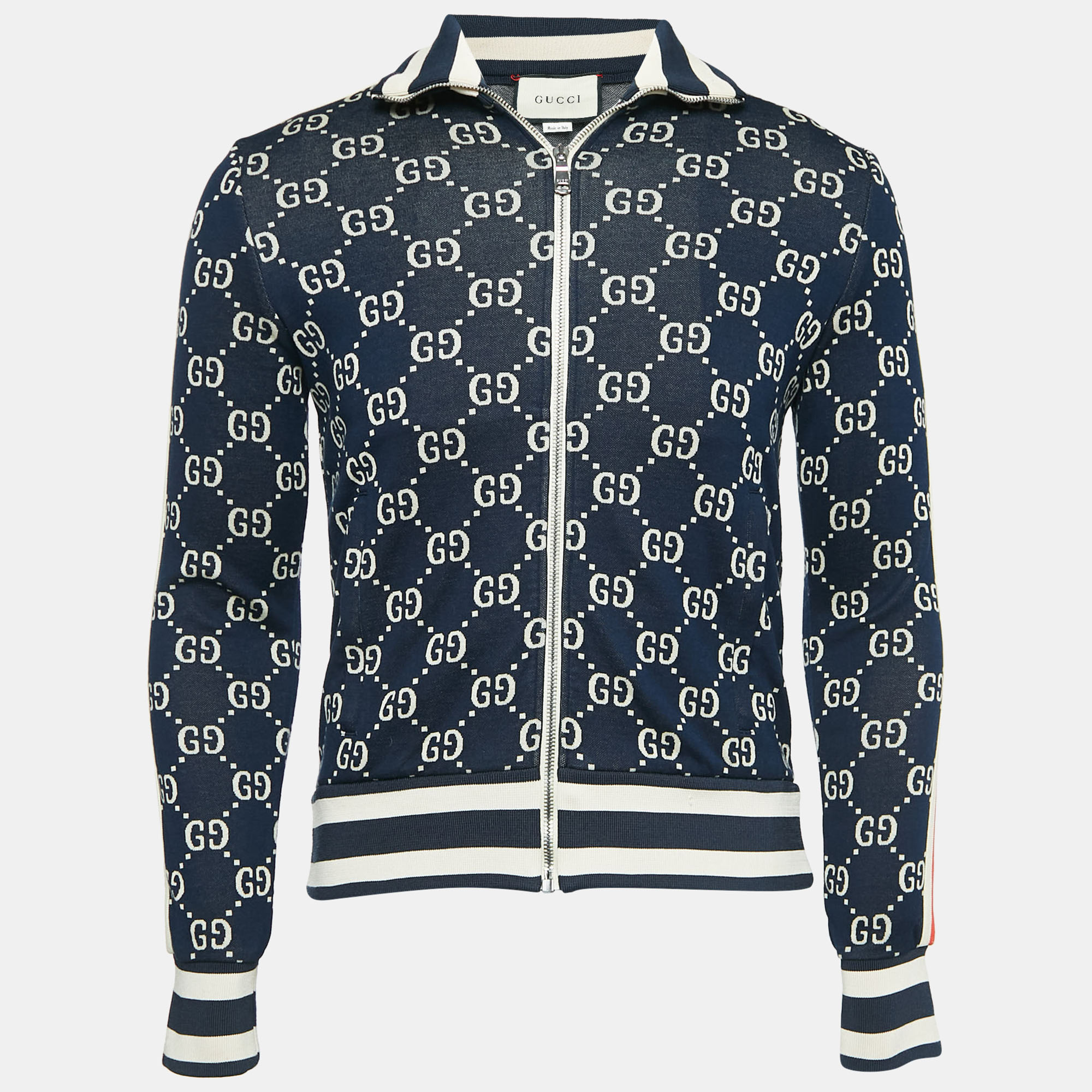 

Gucci Navy Blue GG Supreme Jacquard Cotton Knit Zip-Up Cardigan XS