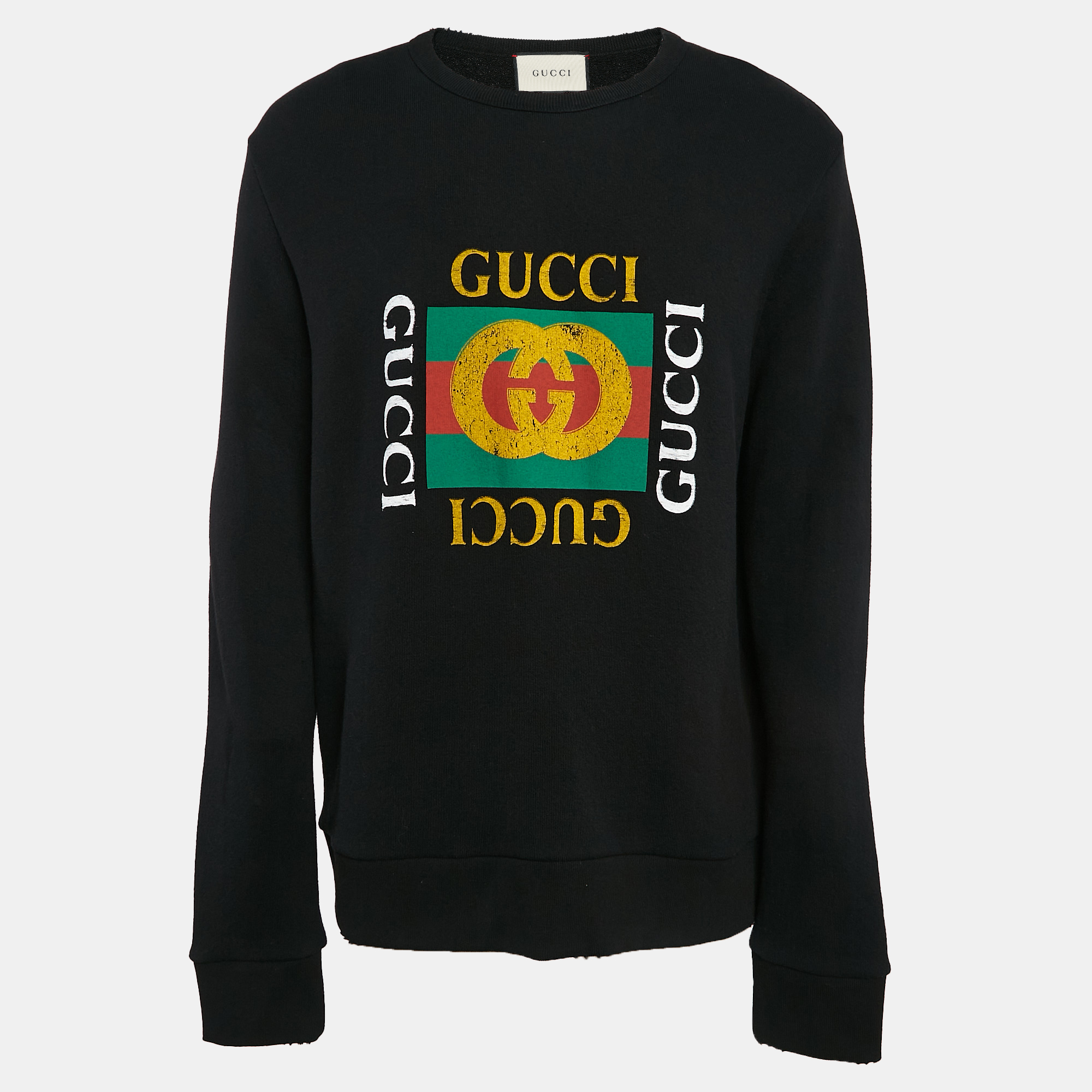 

Gucci Black Logo Print Cotton Distressed Sweatshirt L