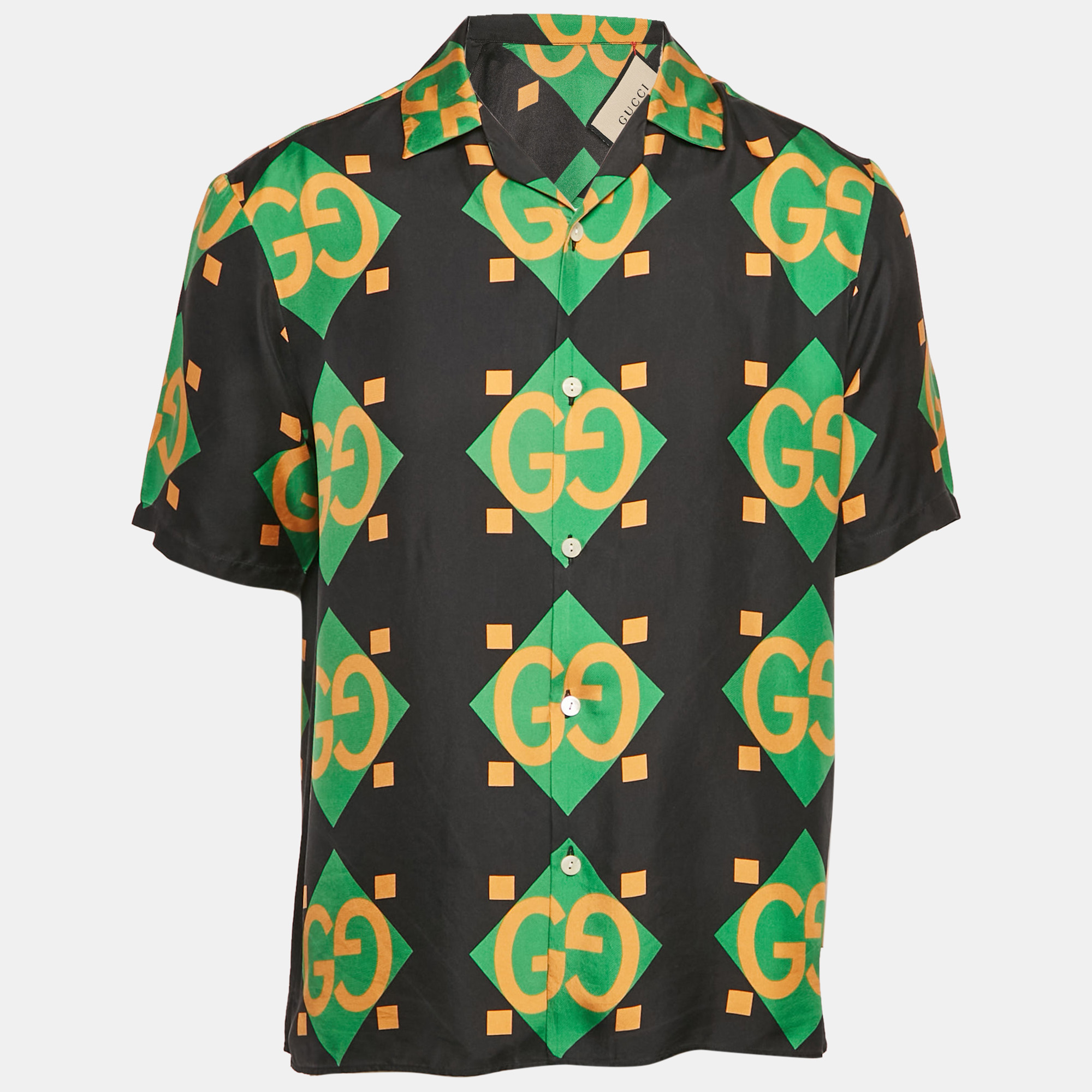 

Gucci Black Geometric Logo Print Silk Short Sleeve Shirt XS