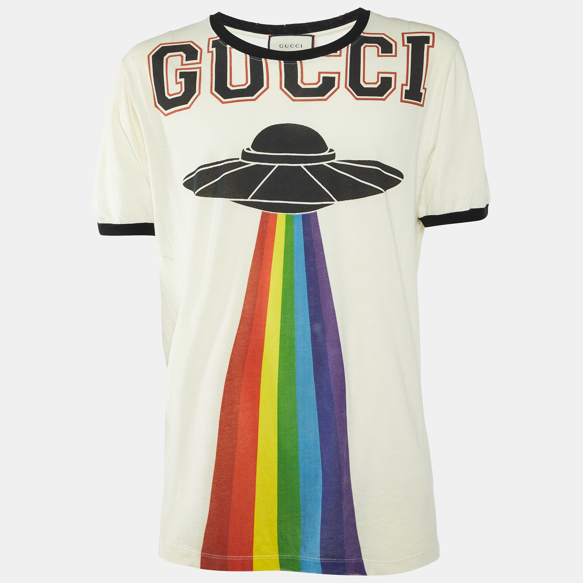 

Gucci Cream UFO Print Cotton Distressed Crew Neck T-Shirt XL