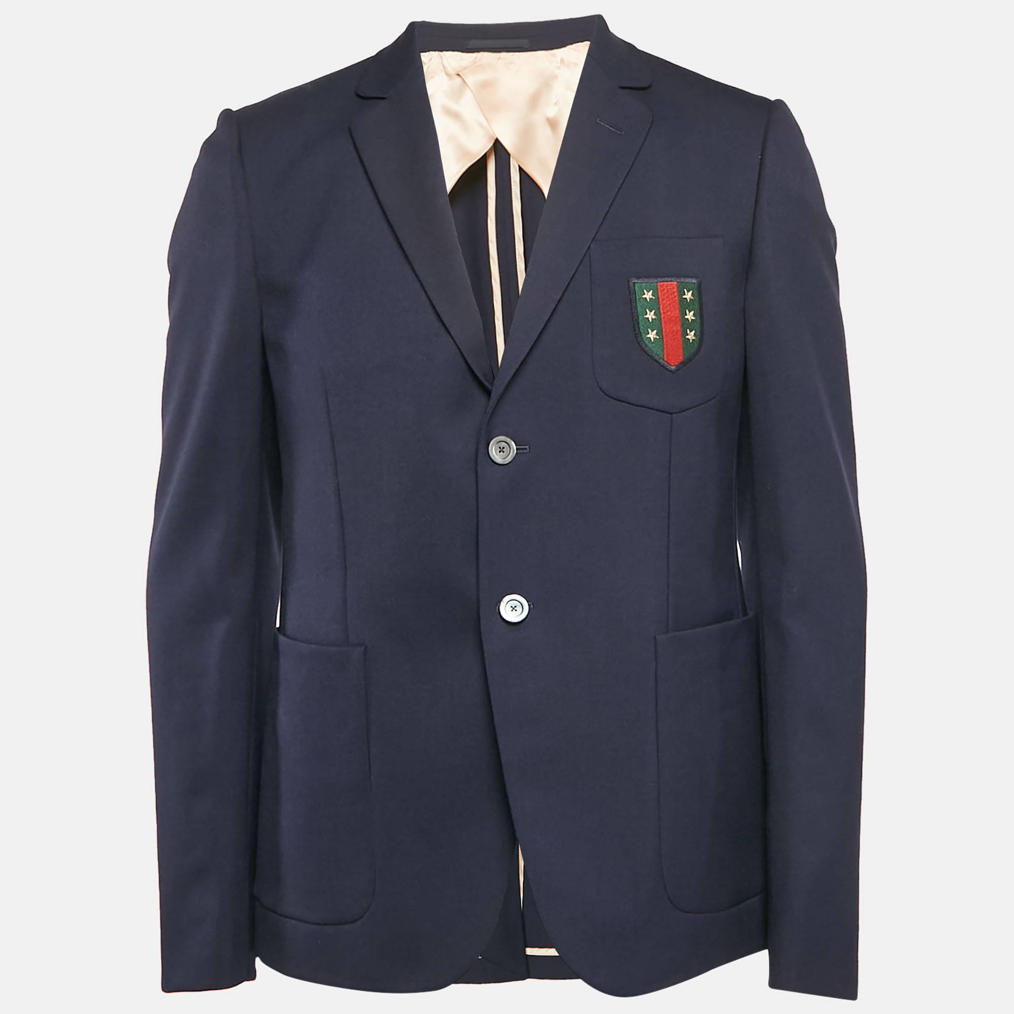 

Gucci Navy Blue Badge Applique Gabardine Single Breasted Blazer L