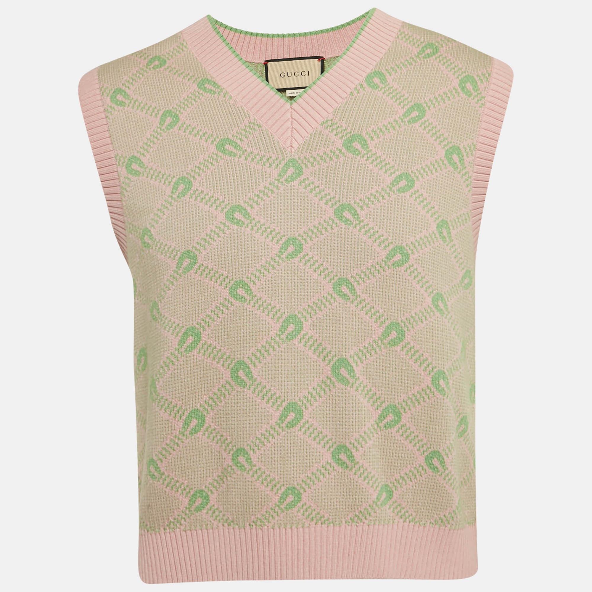 

Gucci Pink/Green GG Jacquard Cotton Knit Vest M