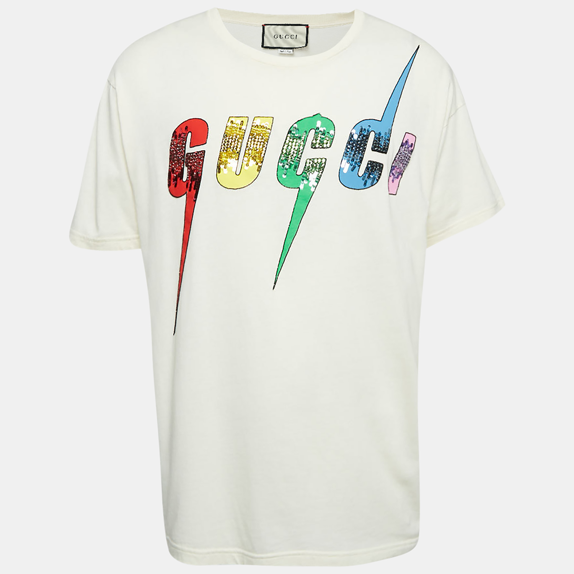 

Gucci Cream Logo Embellished Cotton Crew Neck T-Shirt M