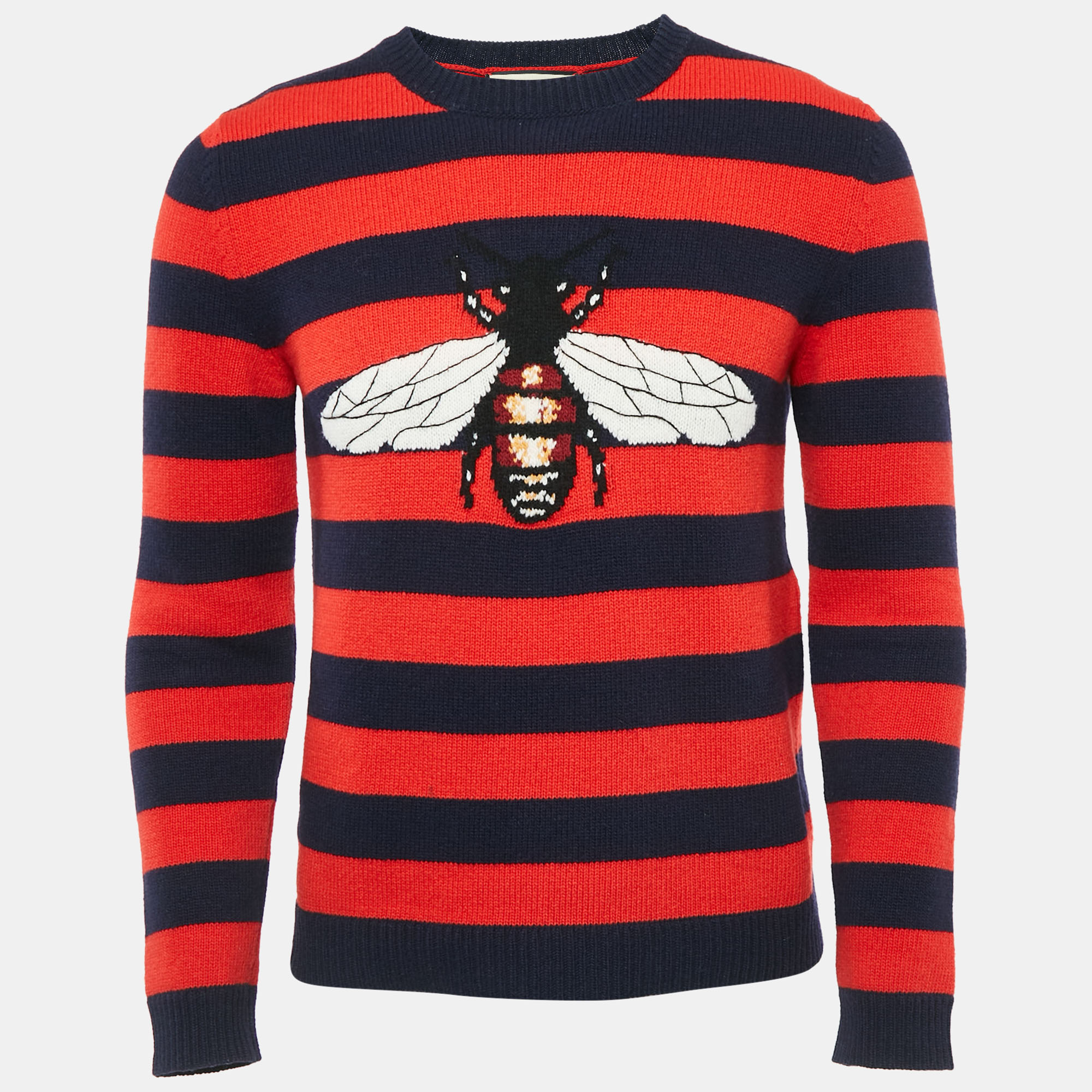 

Gucci Navy Blue/Red Striped Bee Jacquard Knit Sweater XS