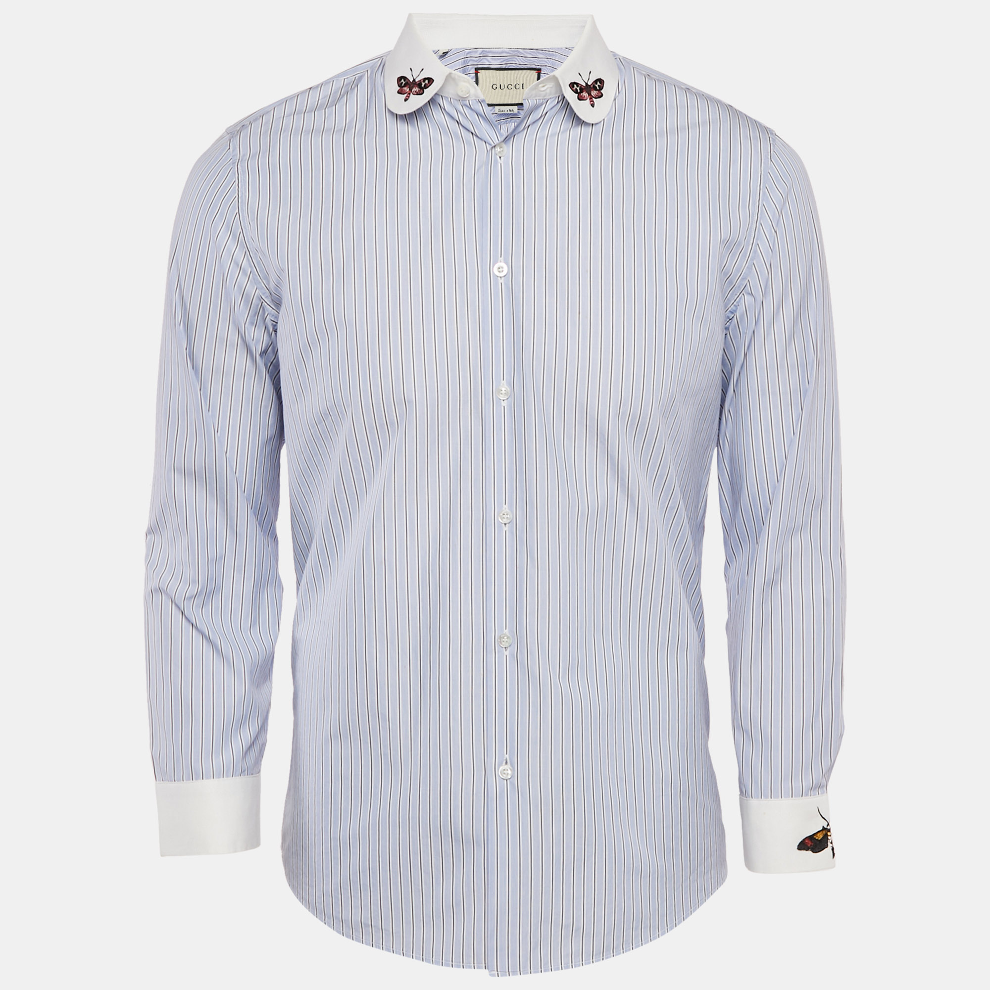 

Gucci Blue Striped Cotton Butterfly Embroidered Duke Shirt M