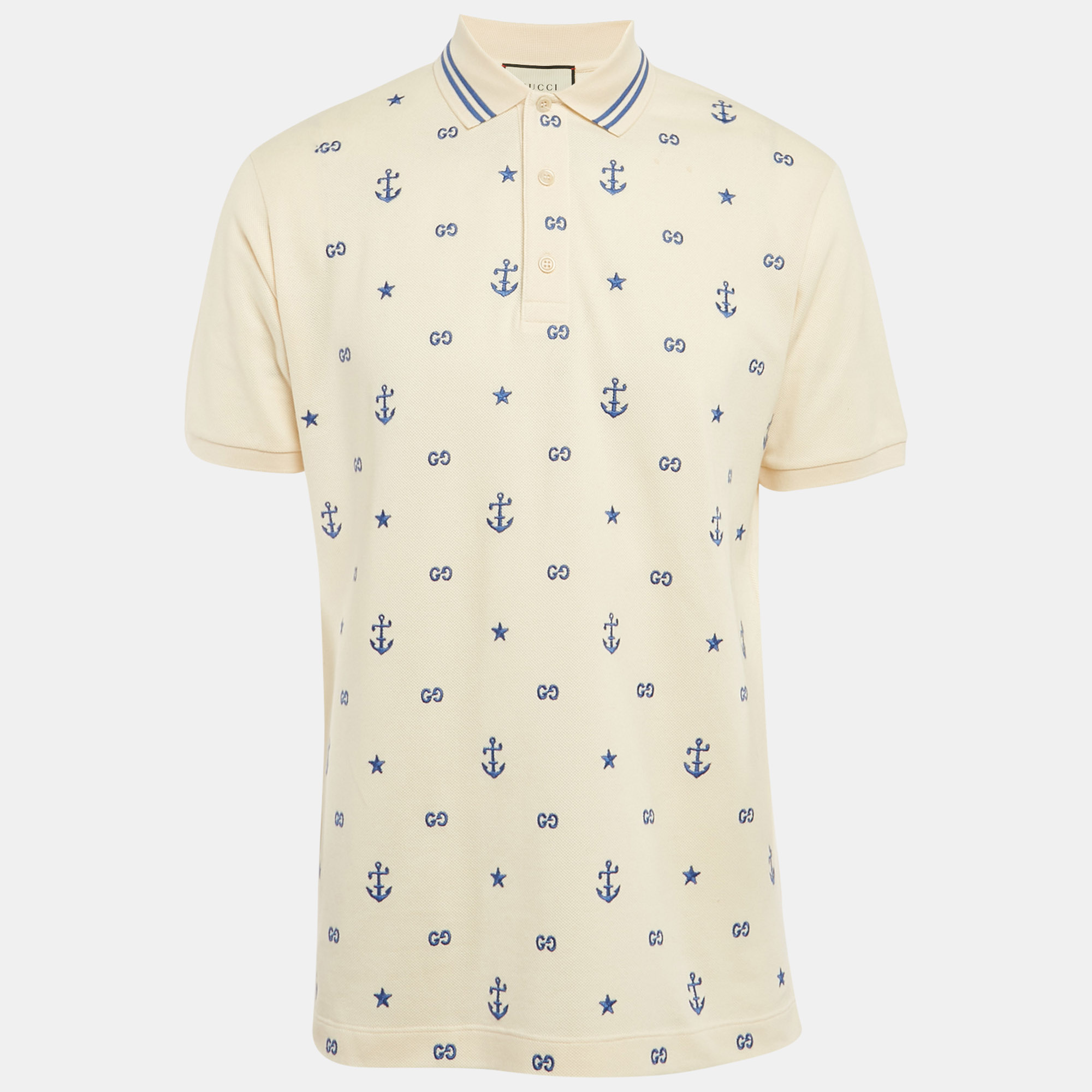 

Gucci Cream GG and Anchor Embroidered Pique Polo T-Shirt L