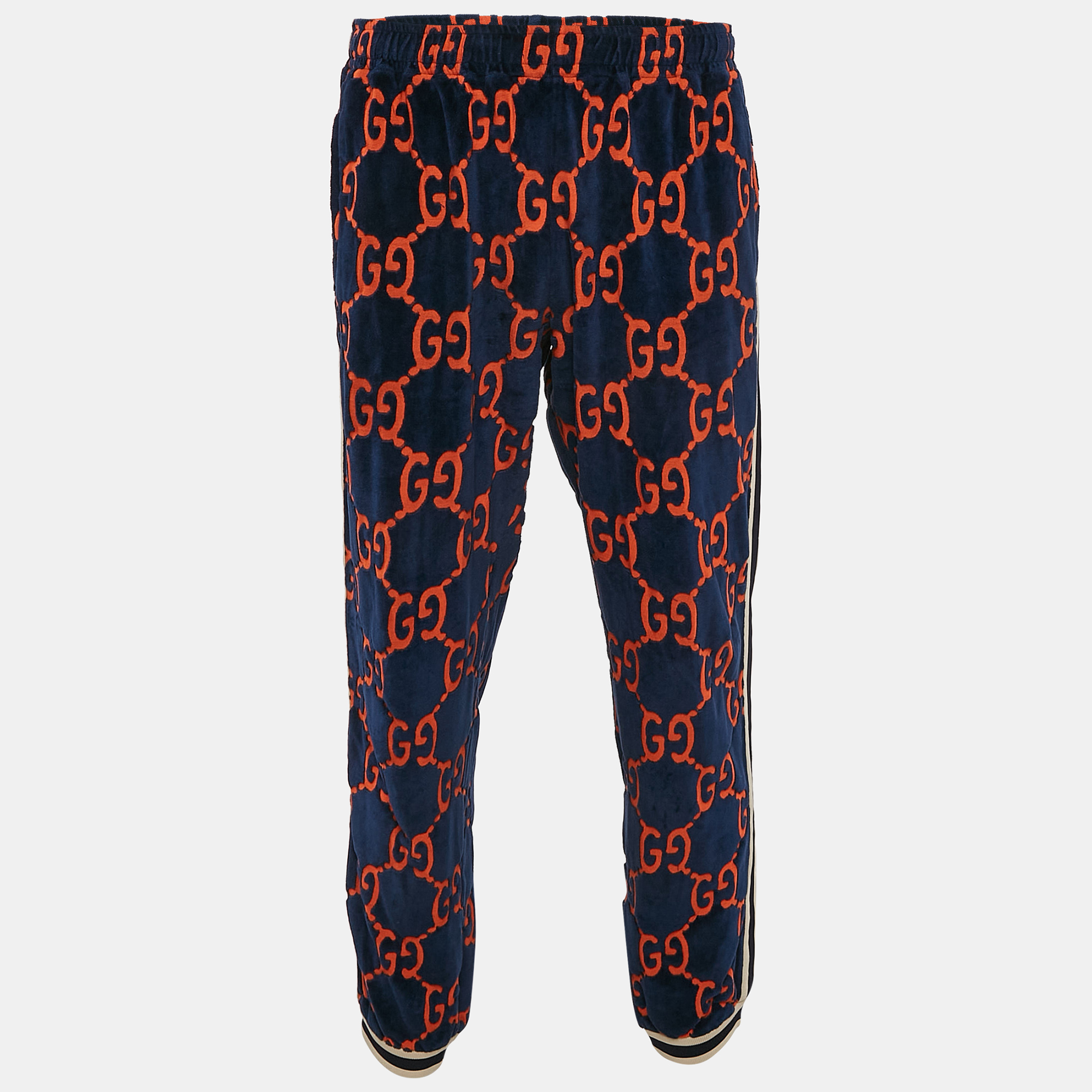 

Gucci Blue & Orange Chenille GG Logo Velvet Track Pants L