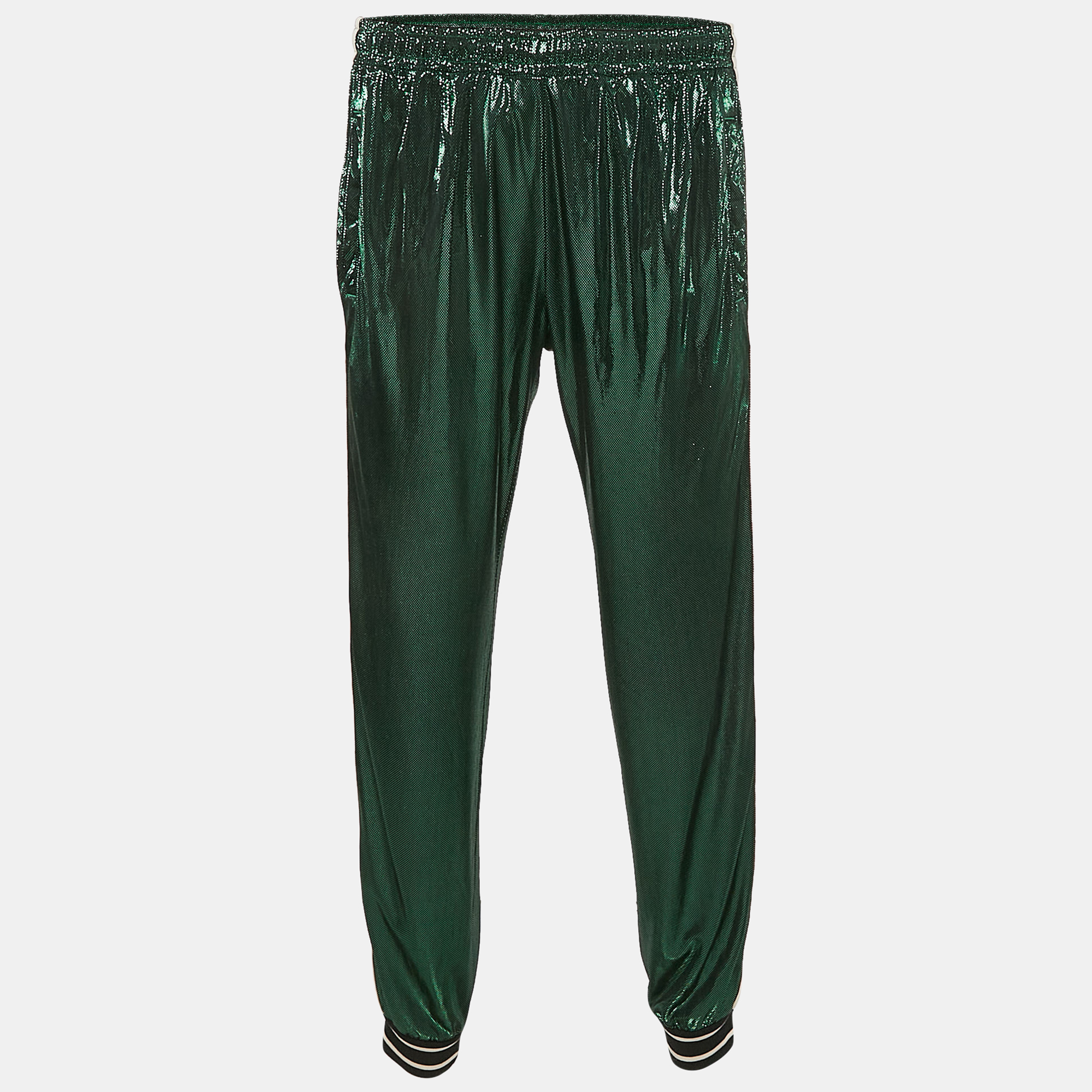 

Gucci Metallic Green Logo Striped Jersey Trackpants M