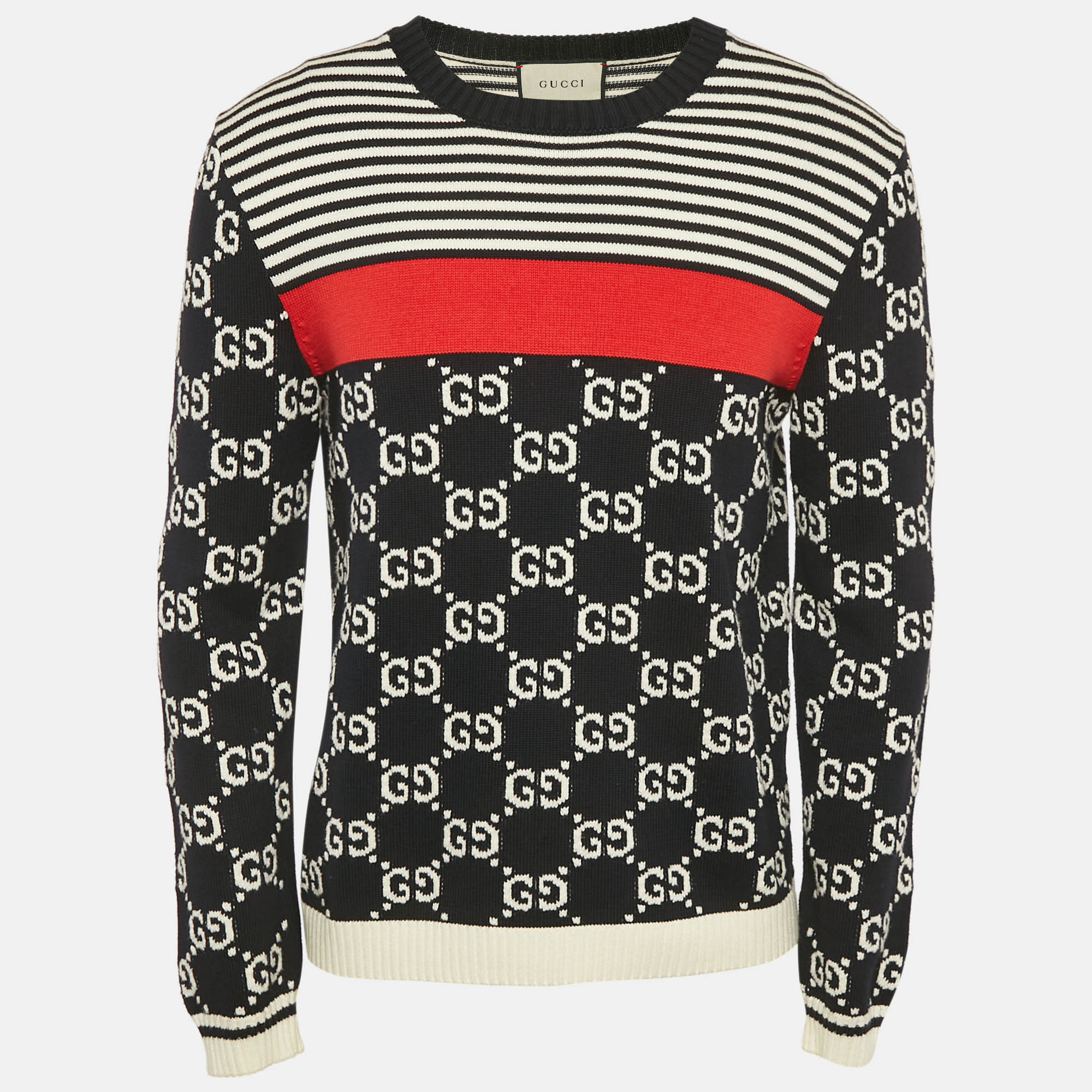 

Gucci Black Navy Blue GG Jacquard Cotton Knit Crewneck Sweater L