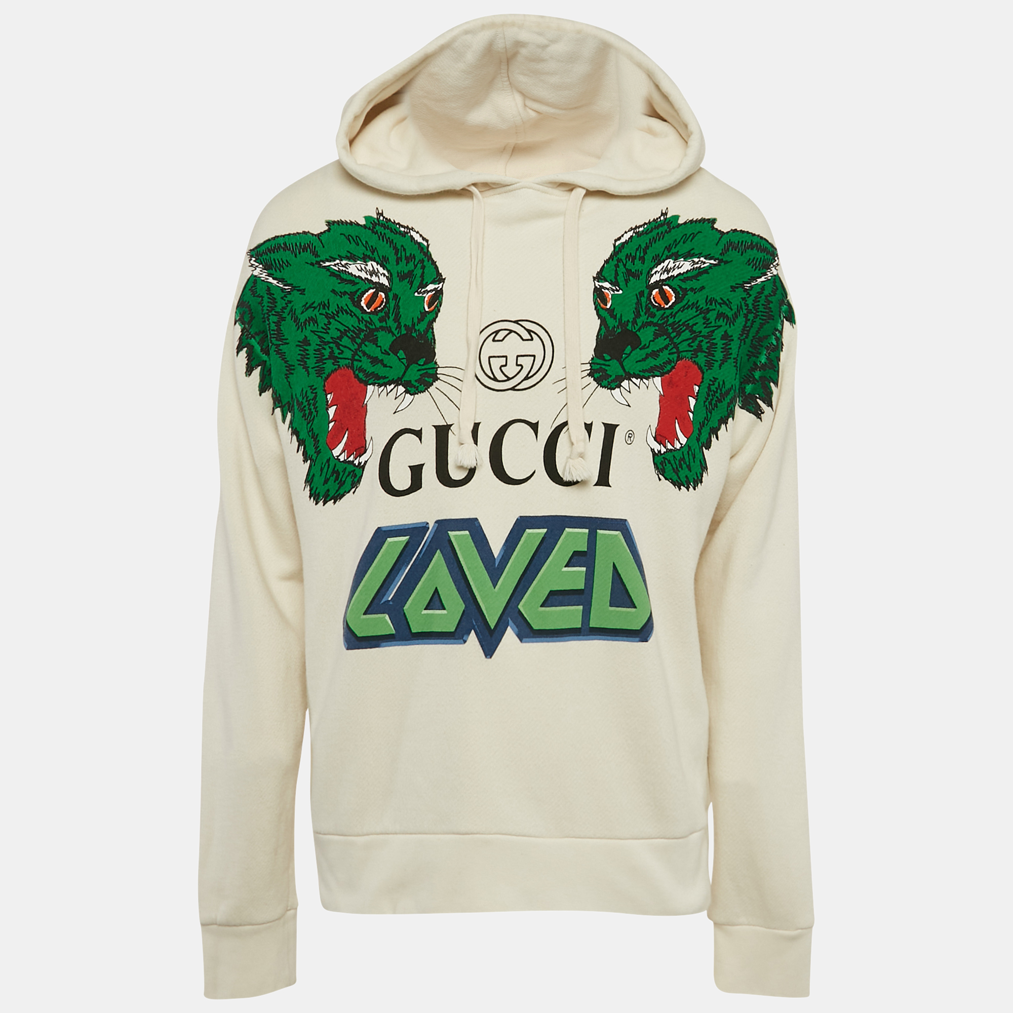 

Gucci Off White Tiger Print Cotton Hoodie S, Beige