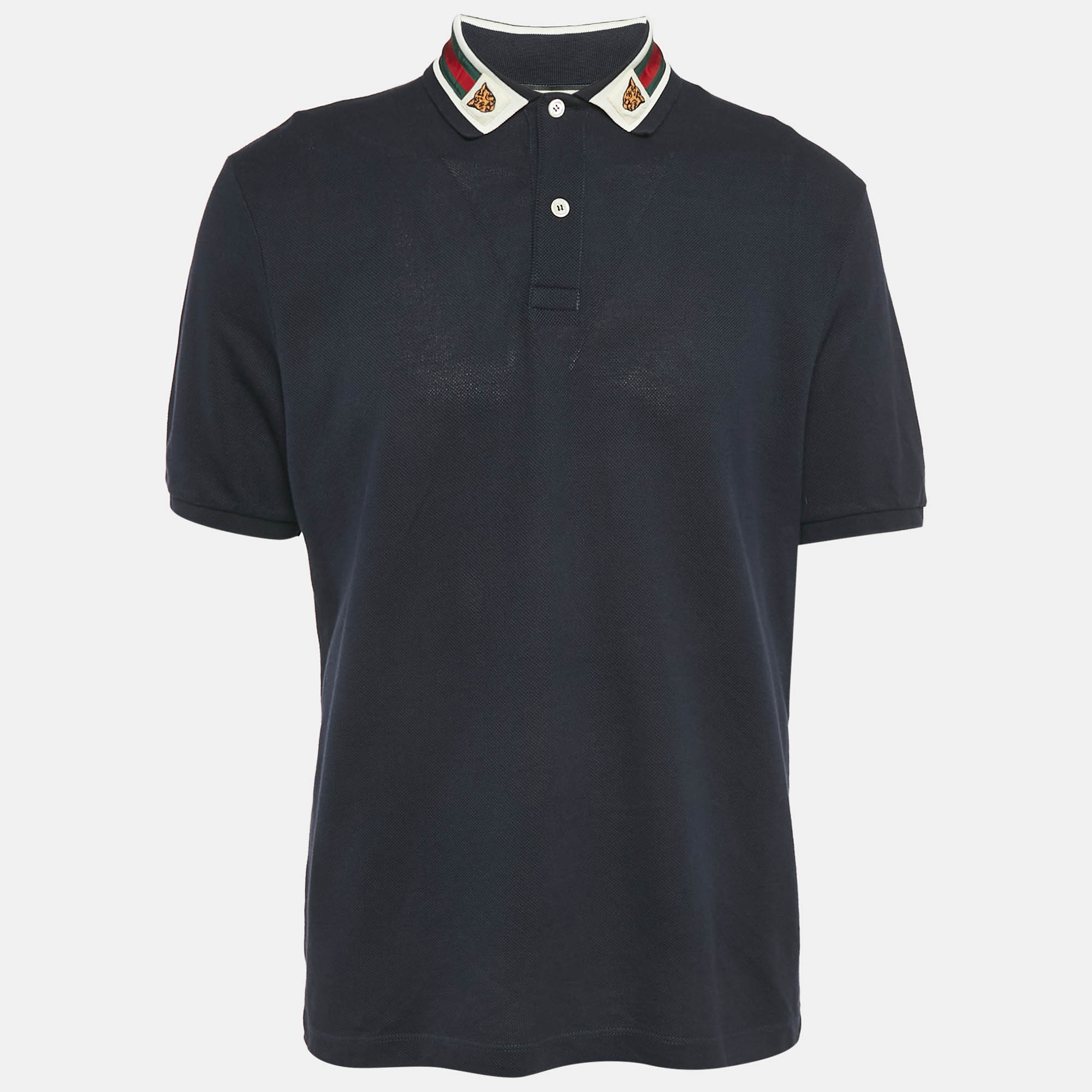 

Gucci Navy Blue Cotton Pique Web Collar Detail Polo T-Shirt XL