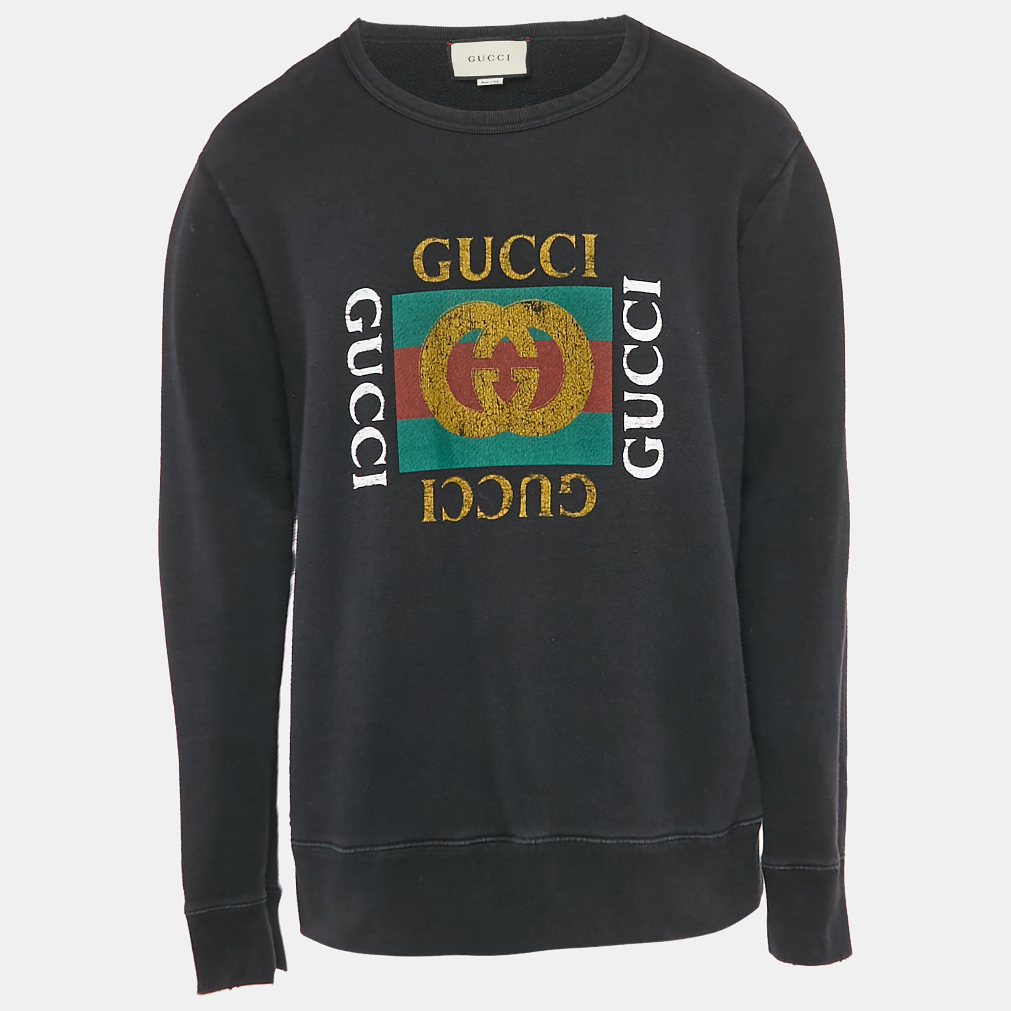 

Gucci Black Logo Print Distressed Cotton Crew Neck Sweatshirt XL