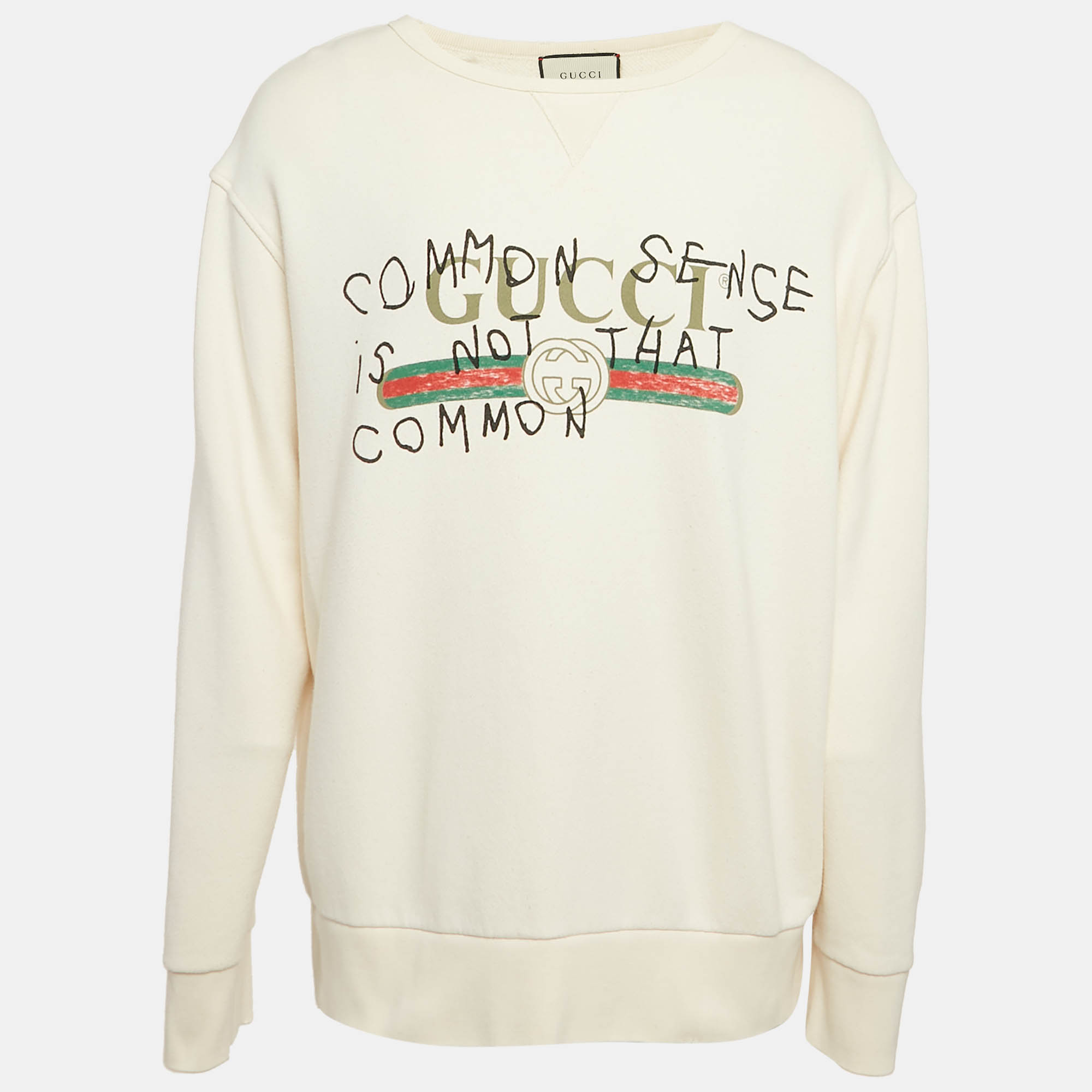 

Gucci Off-White Printed Cotton Distressed Crew Neck Sweatshirt XXL