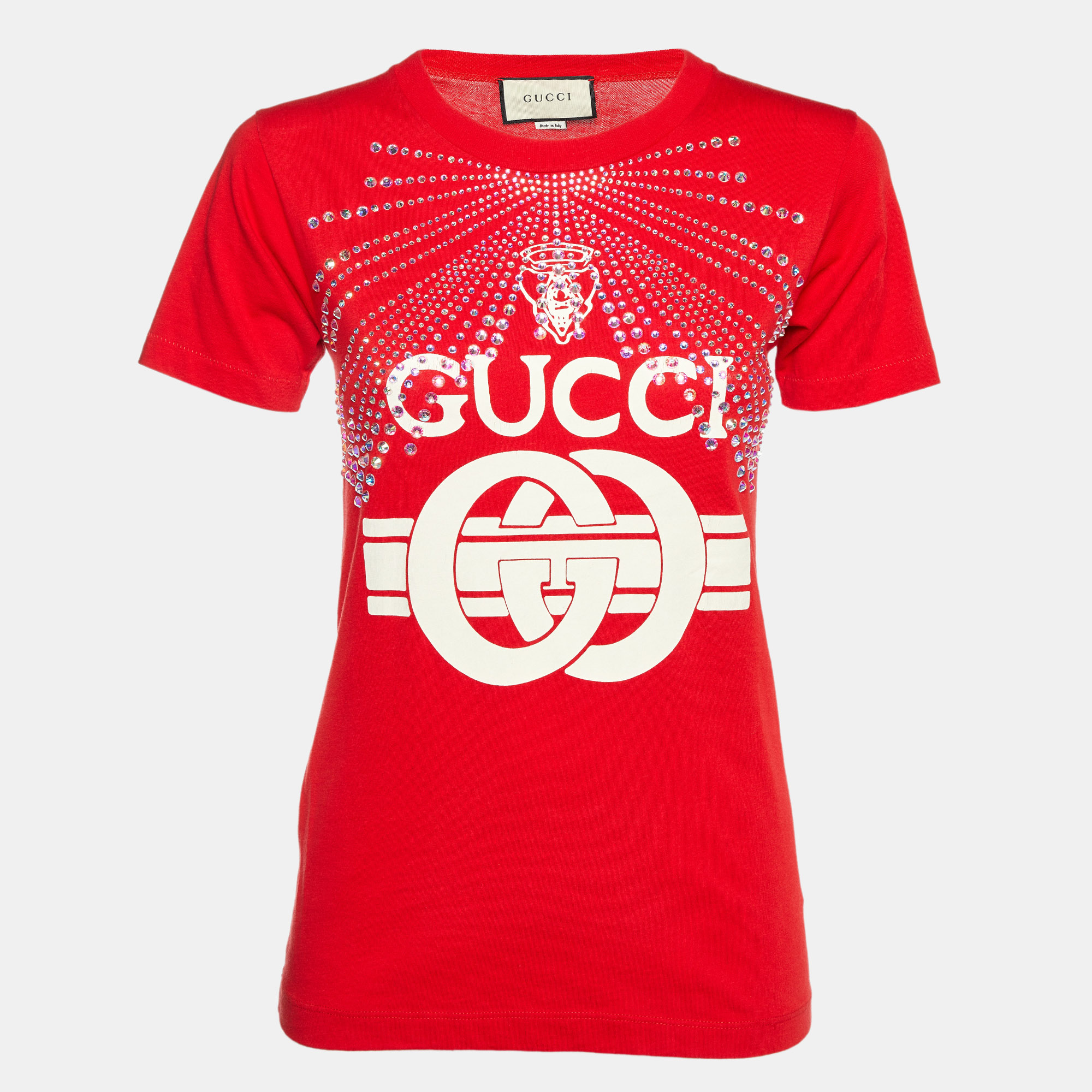 

Gucci Red Cotton Logo Crystal Embellished T-Shirt S