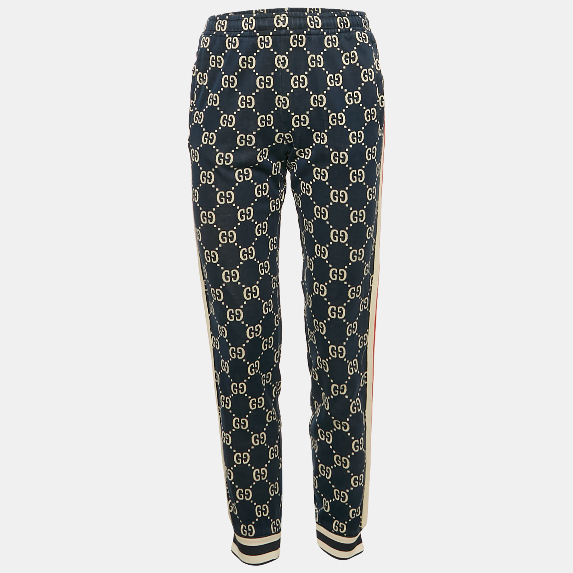 

Gucci Navy Blue GG Supreme Cotton Knit Web Tape Trimmed Trackpants L
